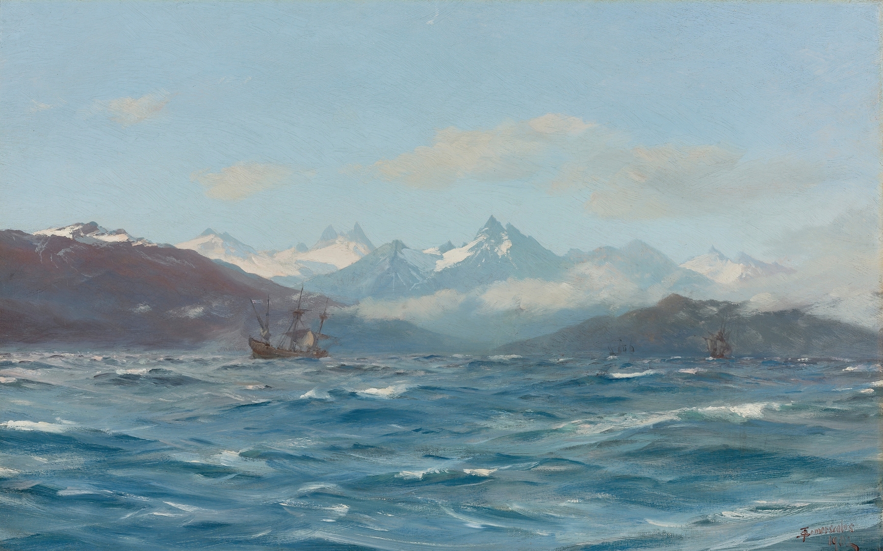Oil painting by Thomas Jacques Somerscales of a ship sailing through shimmering waters.