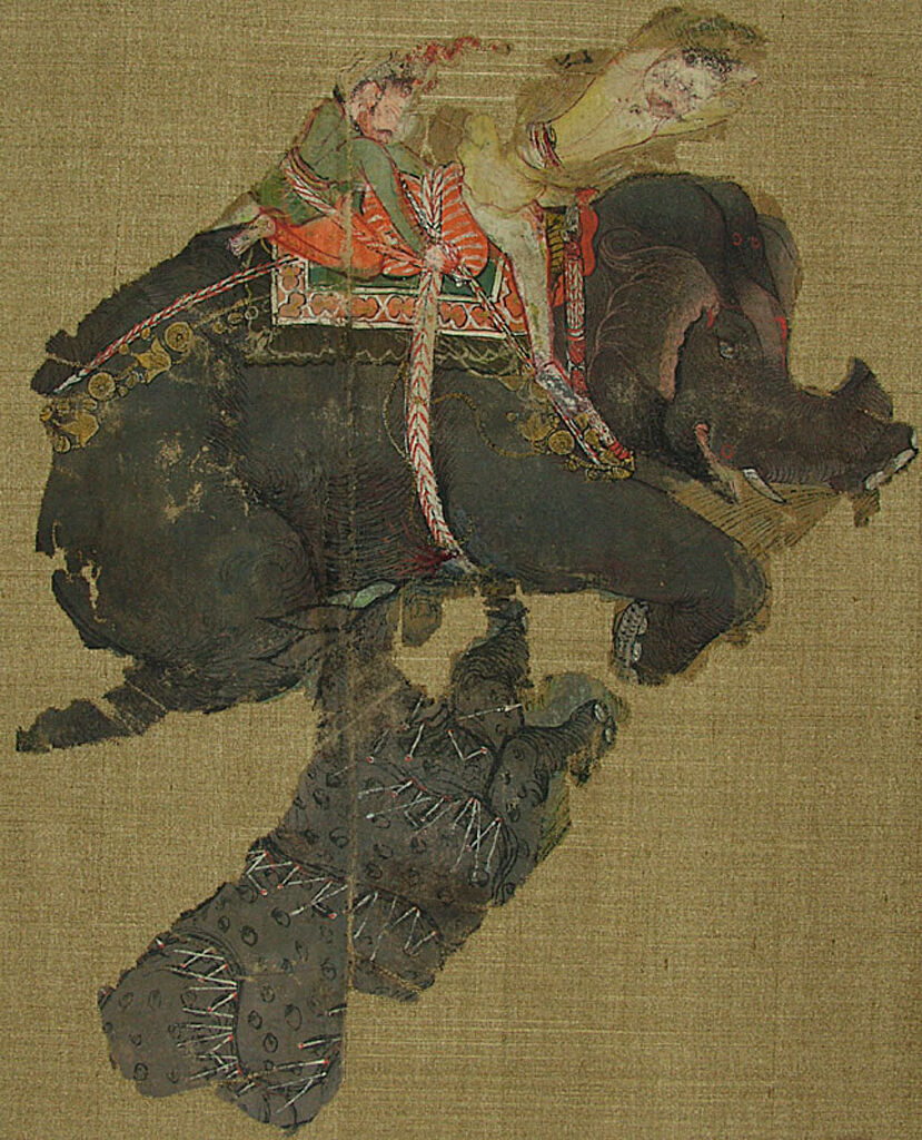 Gold artwork by The Kota Master depicting an elephant and two riders hunting a rhinoceros.
