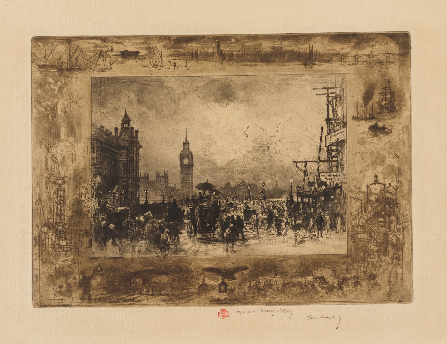 Etching of Westminster Bridge and Clock Tower by Félix Hilaire Buhot