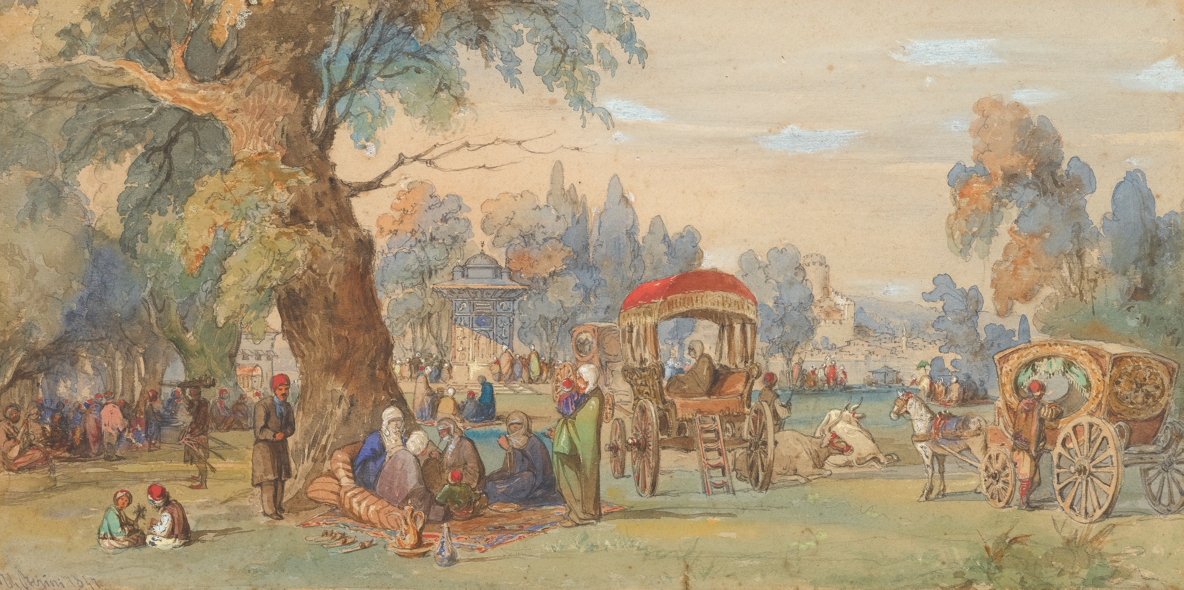 Genre scene depicting a lively celebration at the Bosphorus, oil painting by Amadeo Preziosi