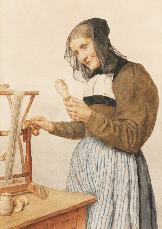 A detailed depiction of an old woman engaged in spinning yarn.