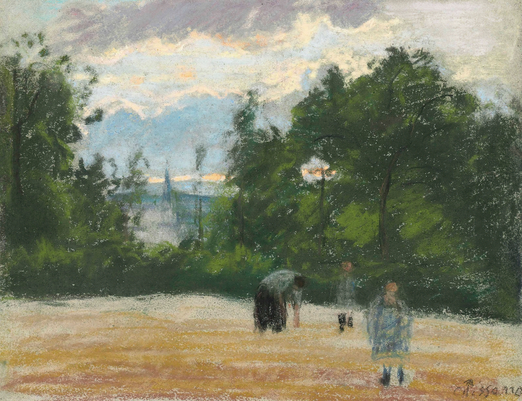 La clairière by Camille Pissarro, 1875, depicting a forest path with vibrant greens and warm sky.