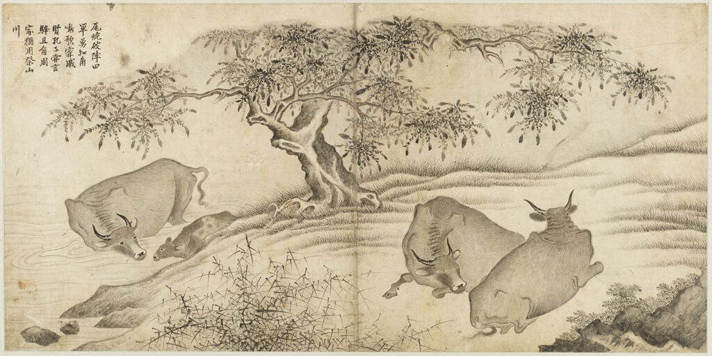 Three water buffaloes and a calf under a river-side tree, ink on paper by Kim Ik-chu