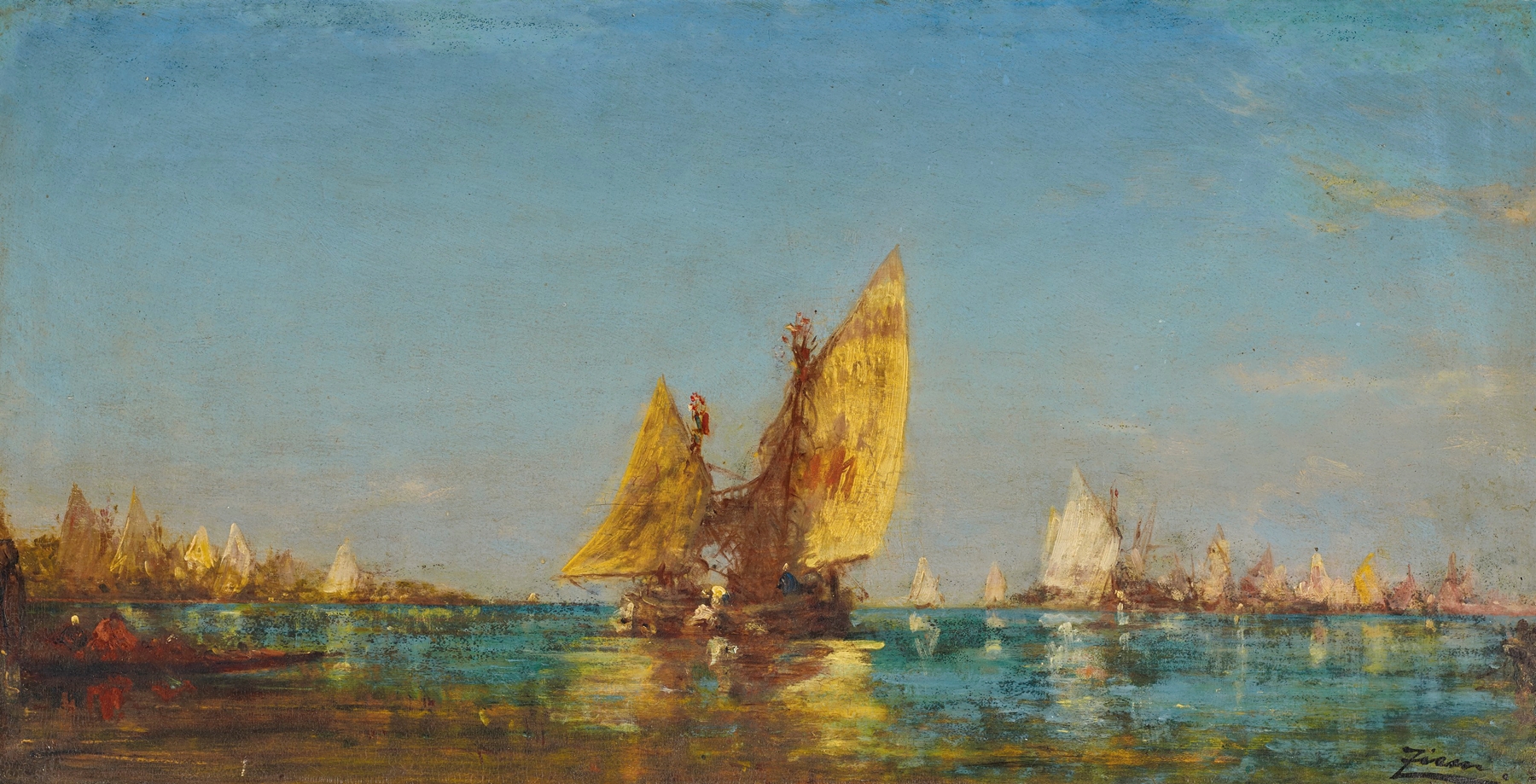 Bateaux by Félix Ziem, oil on canvas depicting boats on calm water