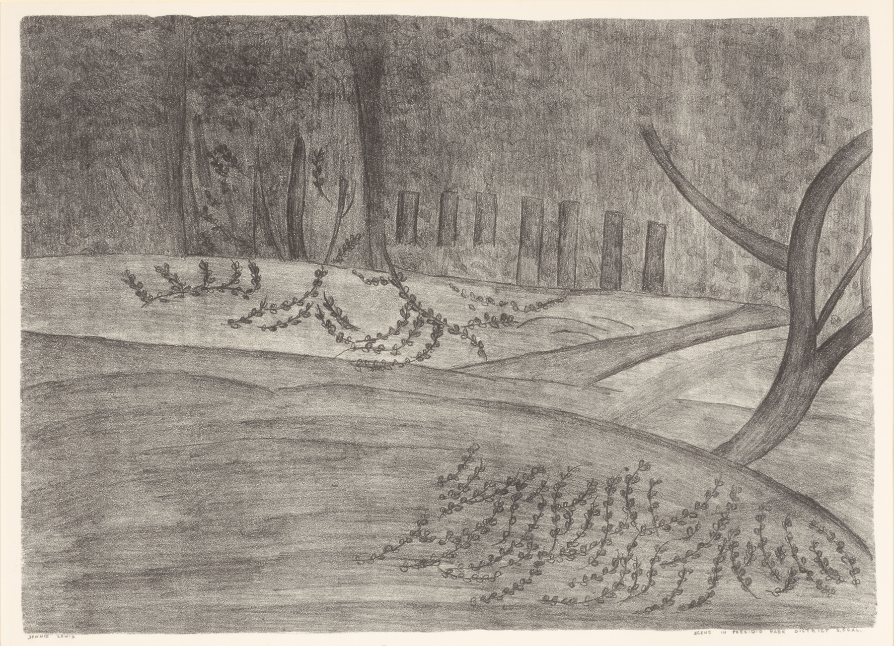 Figurative scene with an enigmatic figure surrounded by trees, by Jennie Lewis