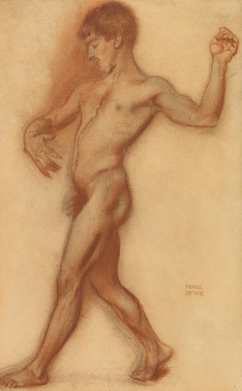 Franz von Stuck's 'Männlicher Akt' explores the human form in a dynamic pose.
