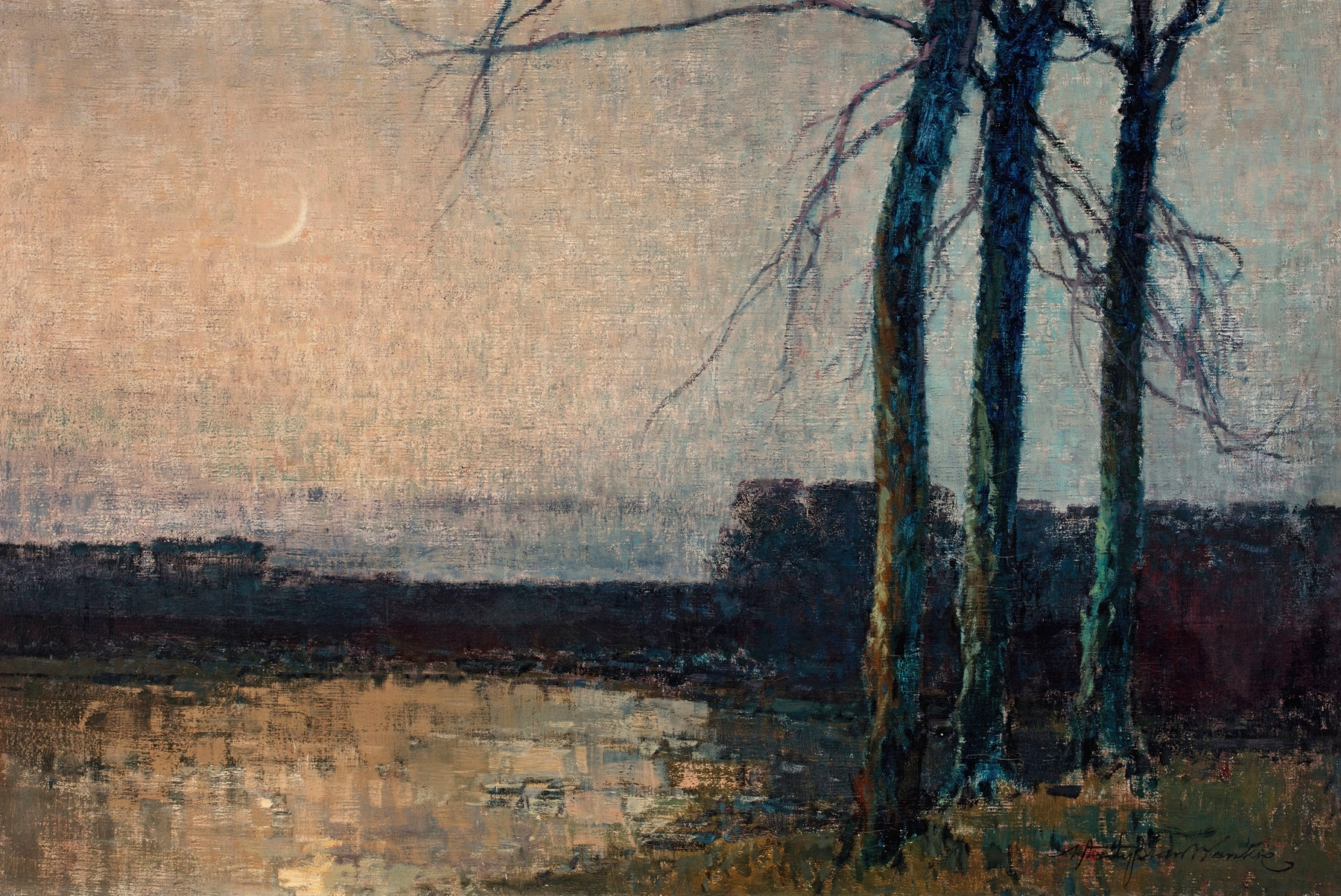 Dusk – Moonrise II by Władysław Wankie, oil painting depicting a serene moonlit landscape.