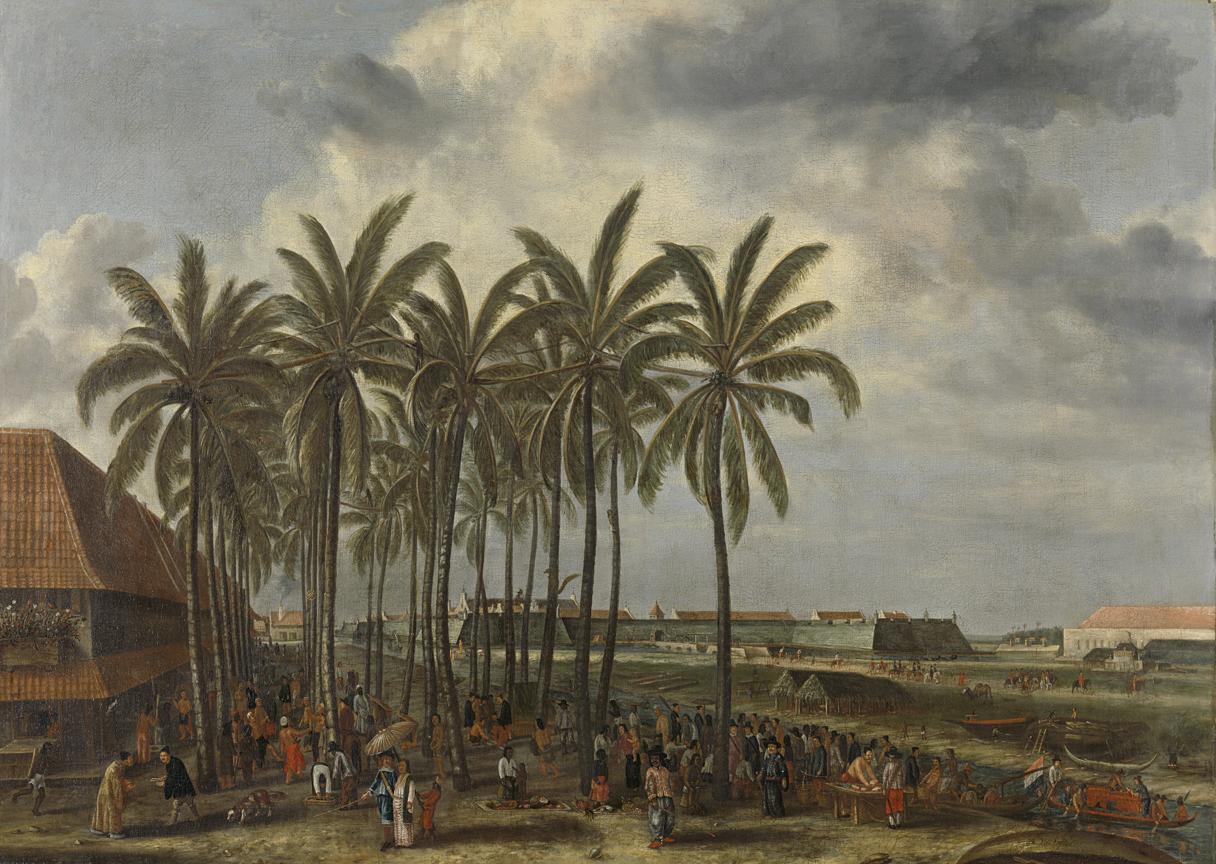 Genre scene depicting diverse ethnic groups in Batavia, oil on canvas by Andries Beeckman