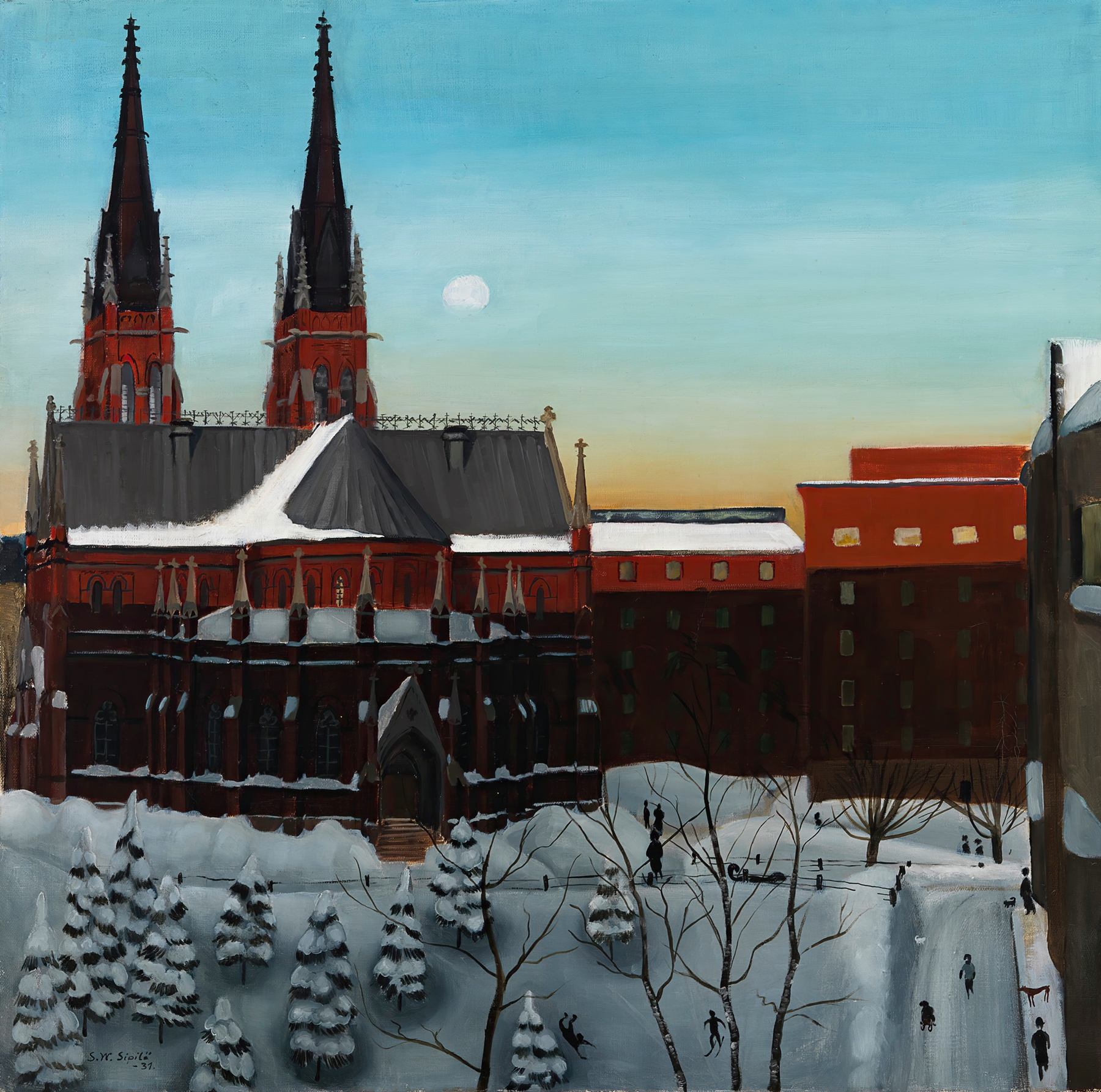 Johanneksen kirkko, Helsinki by Sulho Sipilä, oil on canvas, features a towering church spire in a somber landscape.