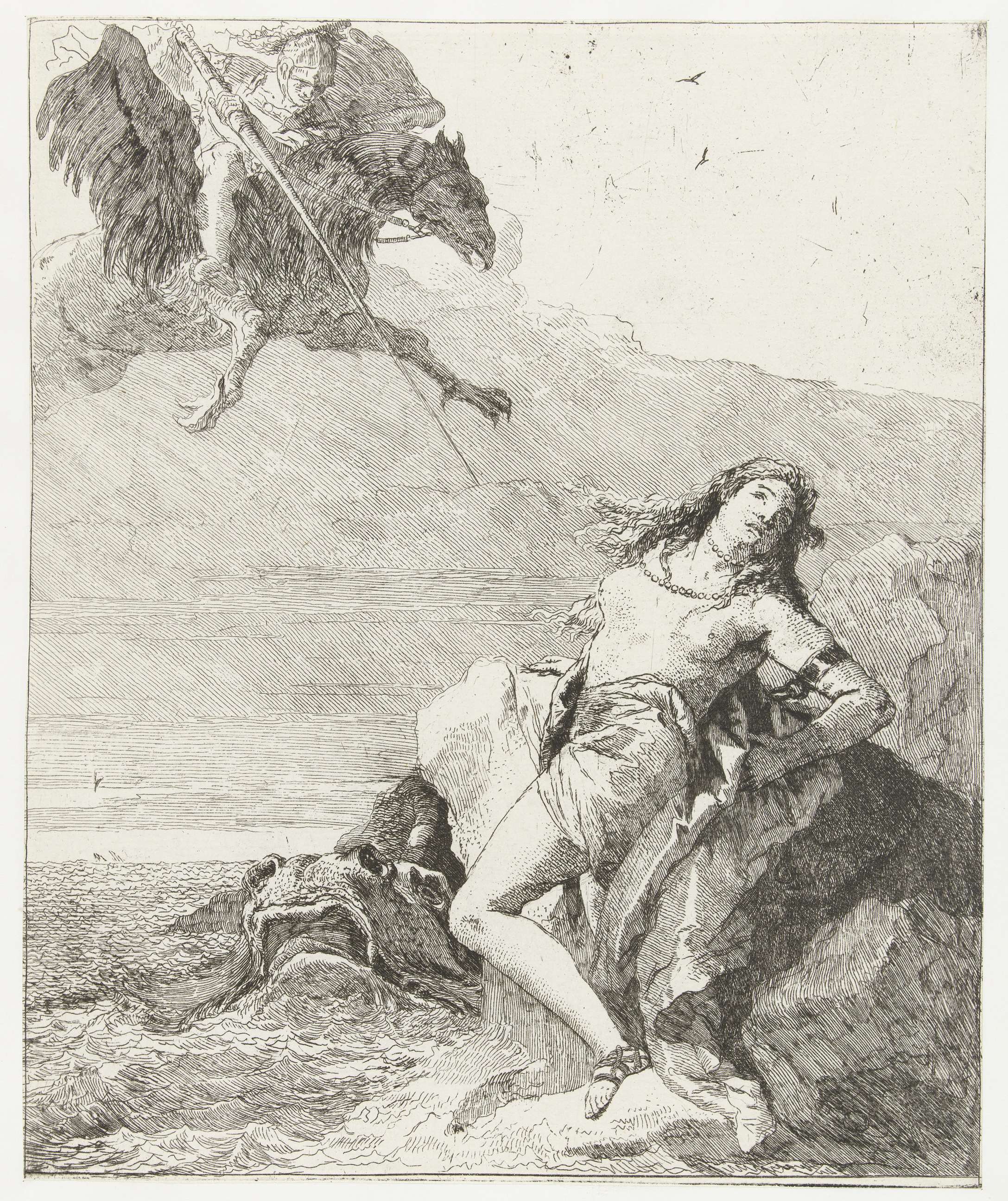 Angelica bedreigt door zeemonster wordt bevrijd door Ruggiero op hippogrief, by Giovanni Domenico Tiepolo, public domain