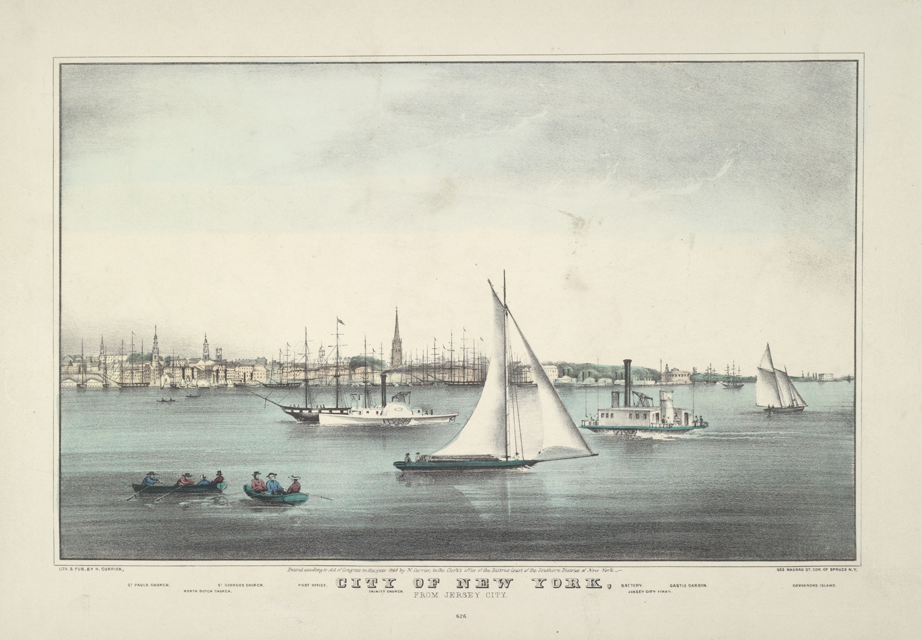 Hudson River landscape with skyline at sunset by Currier & Ives, lithograph