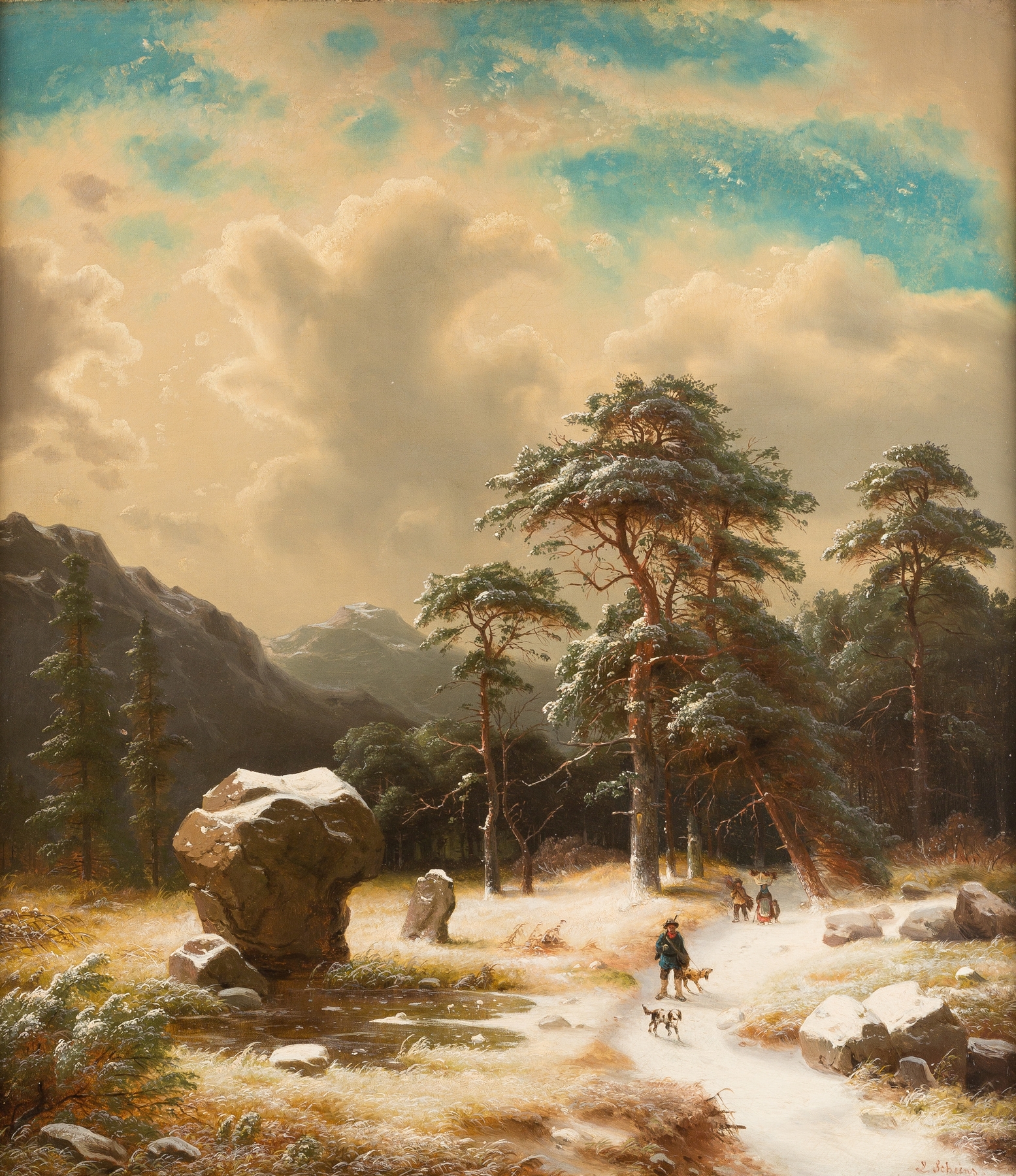 Winter landscape oil painting by Carl Ludwig Scheins with deep blues and muted whites.