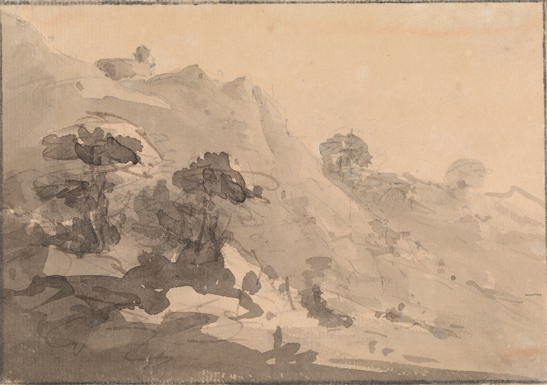 Hilly Landscape by William Gilpin, oil painting depicting rolling hills in soft greens and blues.