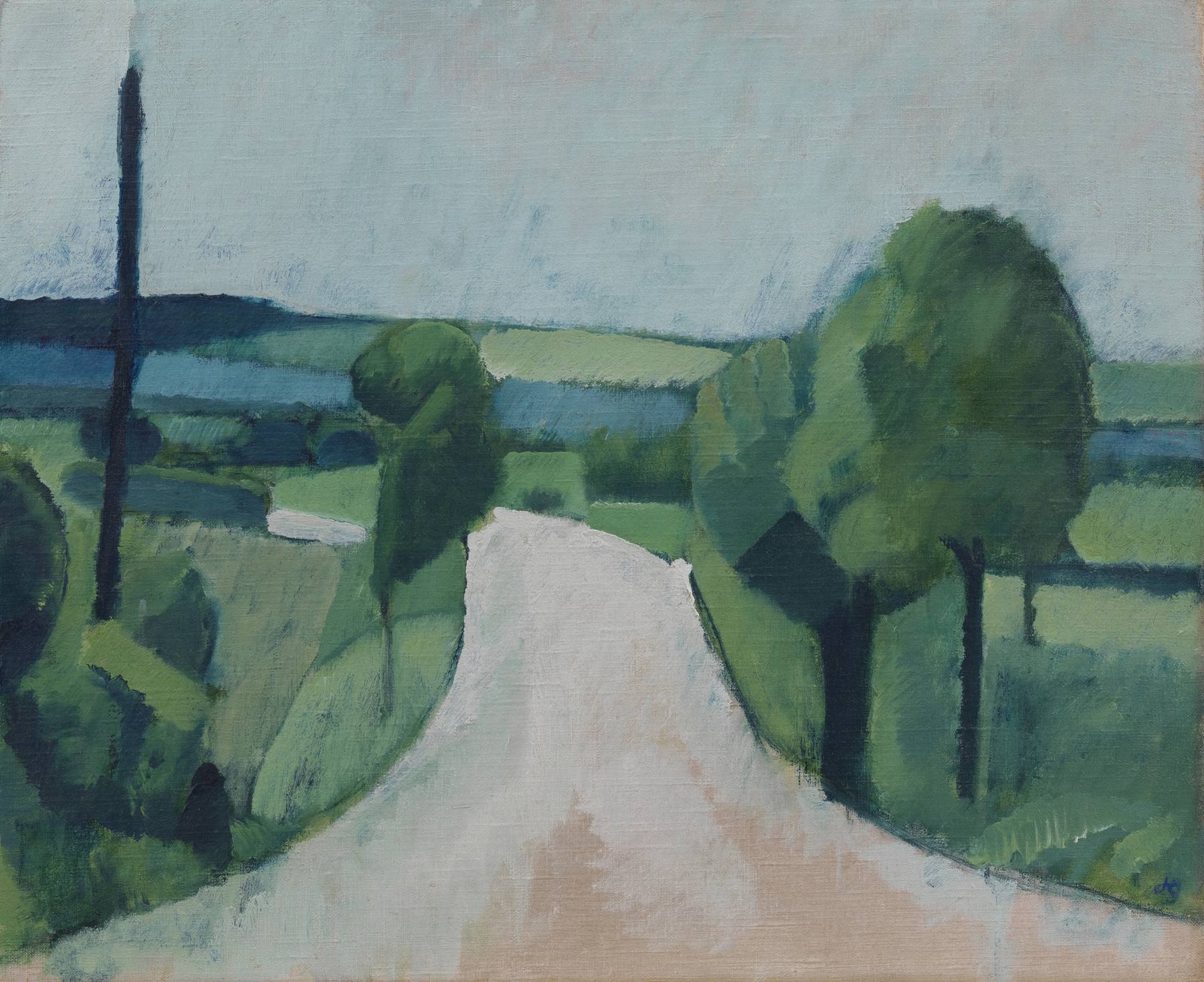 Landscape of rolling hills and a winding road, oil painting by Harald Giersing