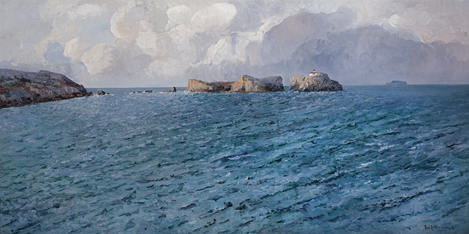 Rocky seaside oil painting by Leontine von Littrow, depicting waves and rugged rocks.