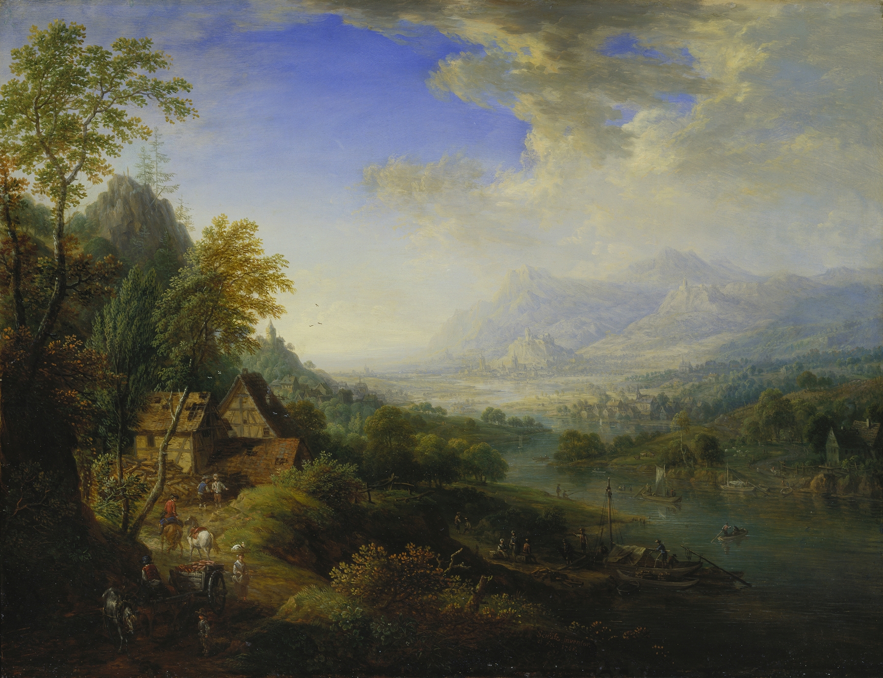 Rococo oil painting by Christian Georg Schütz the elder depicting a river landscape