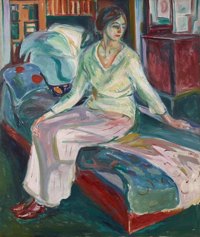 Figurative oil painting by Edvard Munch depicting a seated model on a couch.