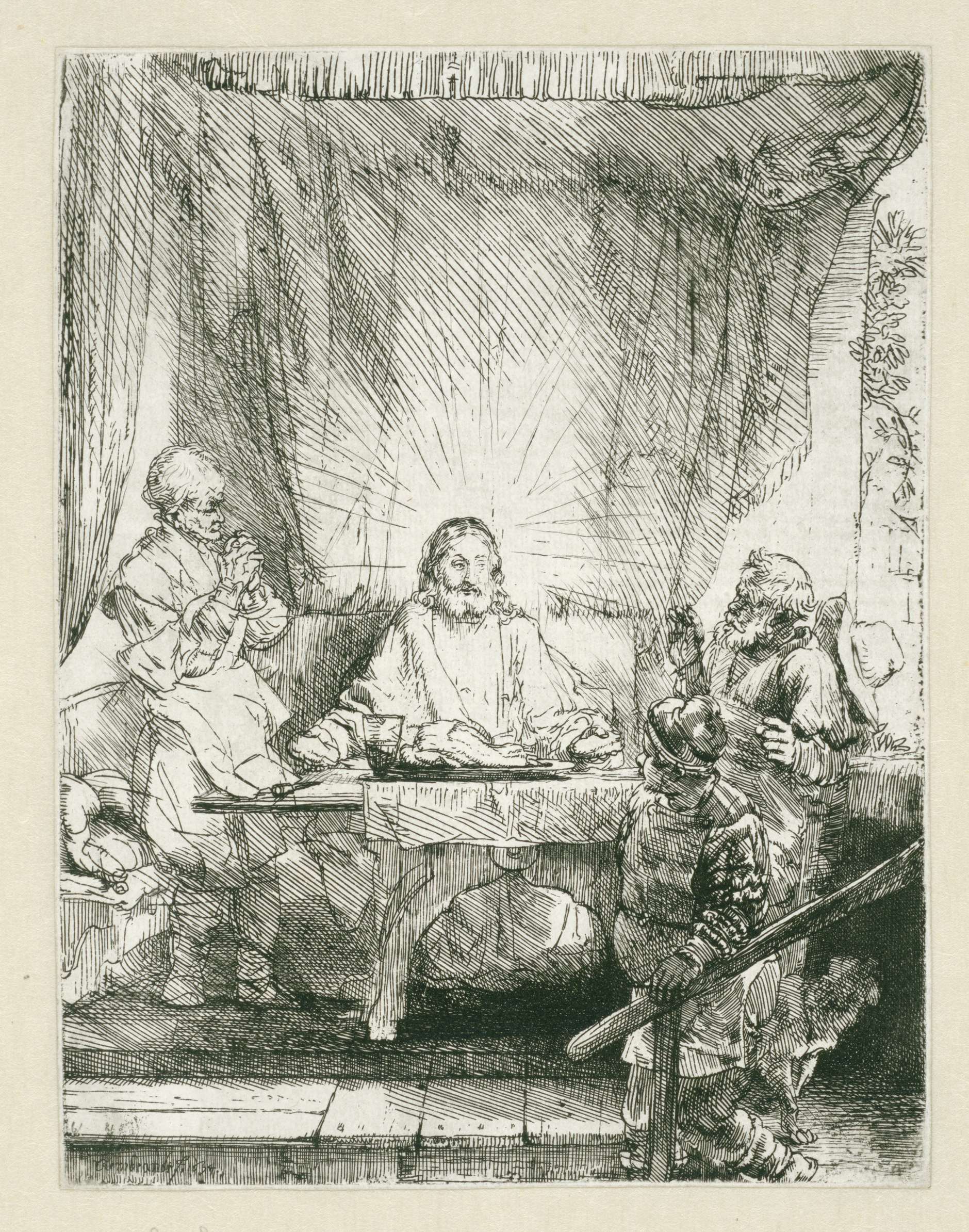 Christ at Emmaus: the larger plate, by Rembrandt van Rijn, public domain