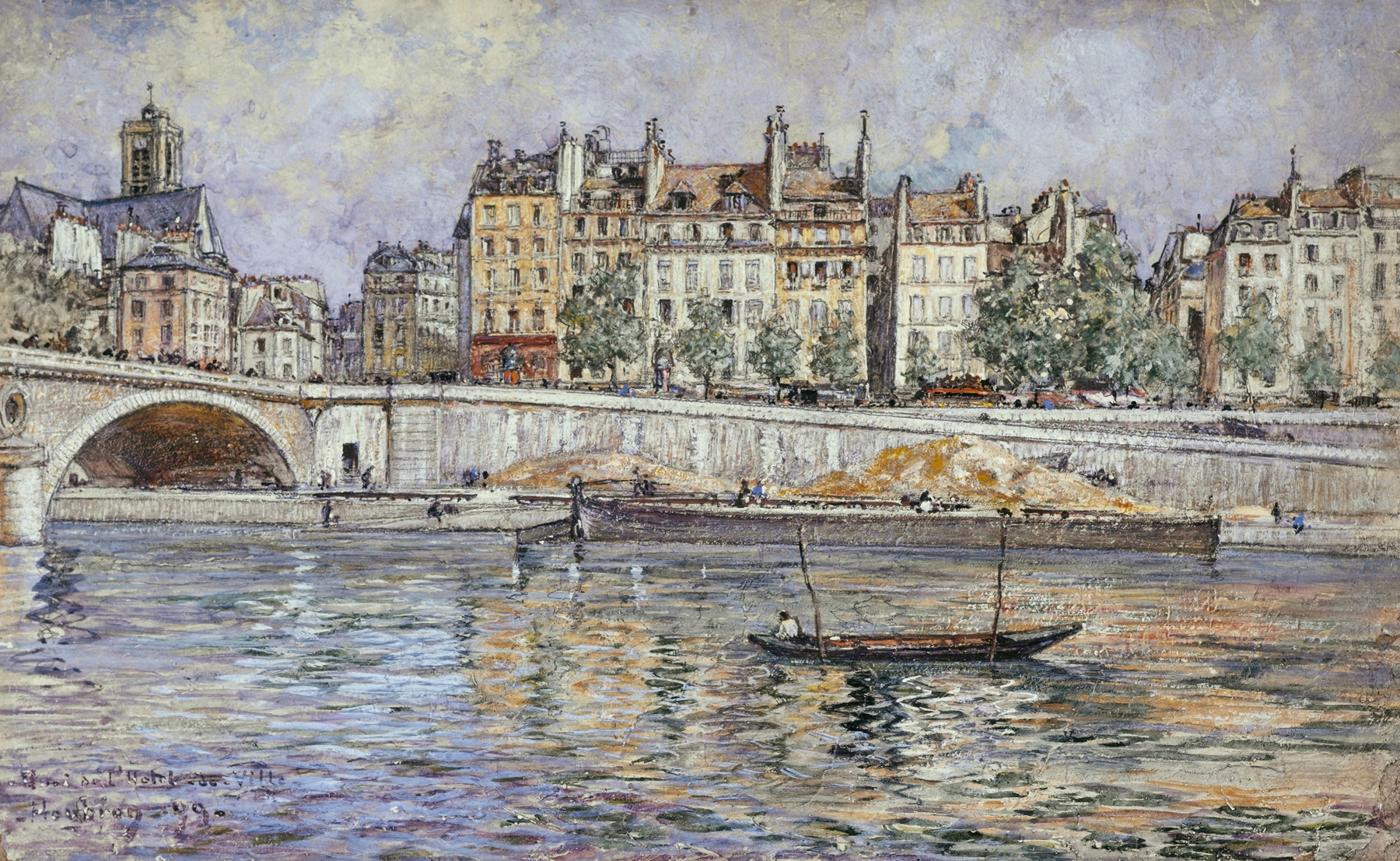 Le quai de l’Hôtel-de-Ville et le pont Louis-Philippe by Frédéric Houbron, depicting a tranquil river landscape.