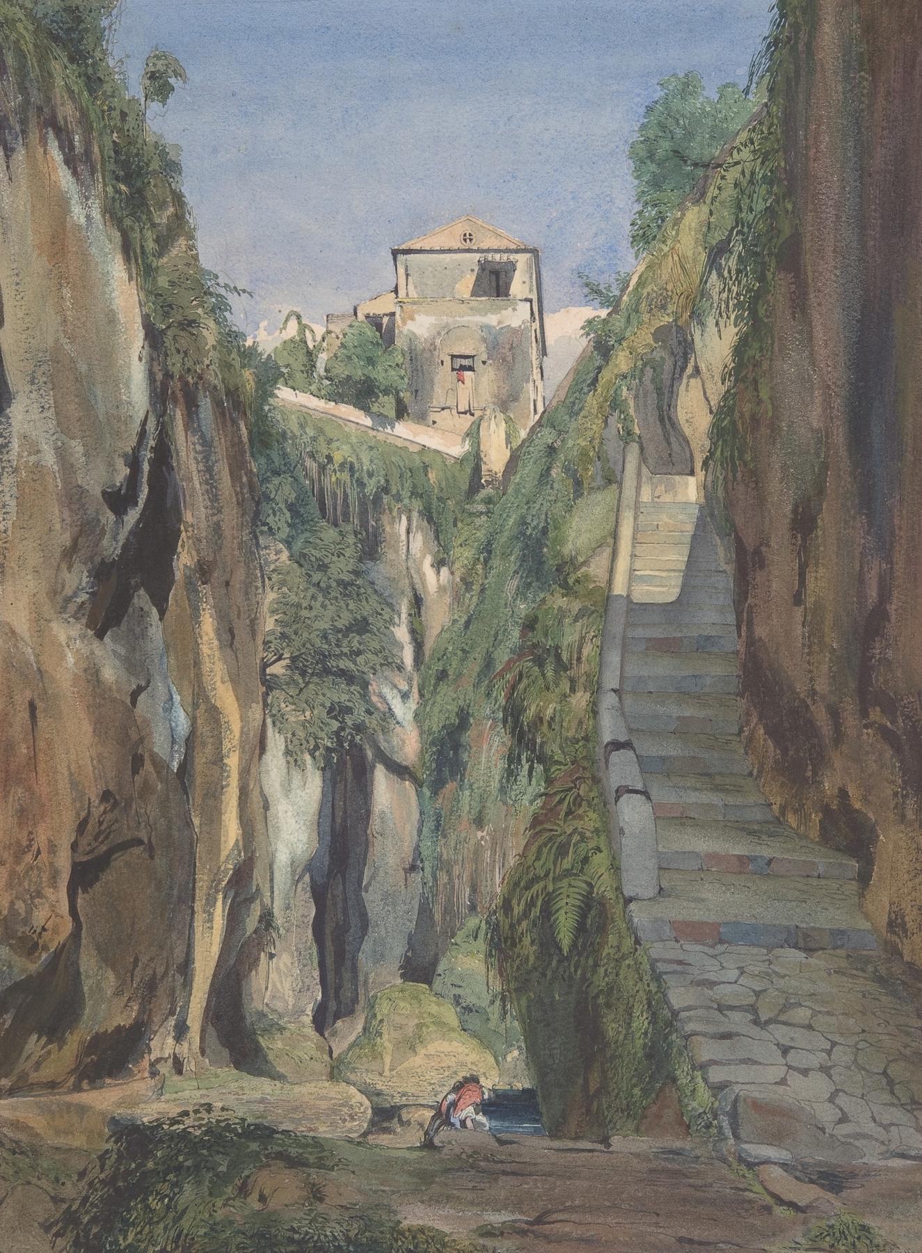 A Glen in Sorrento by Thomas Hartley Cromek, oil painting depicting a lush landscape with a winding path.