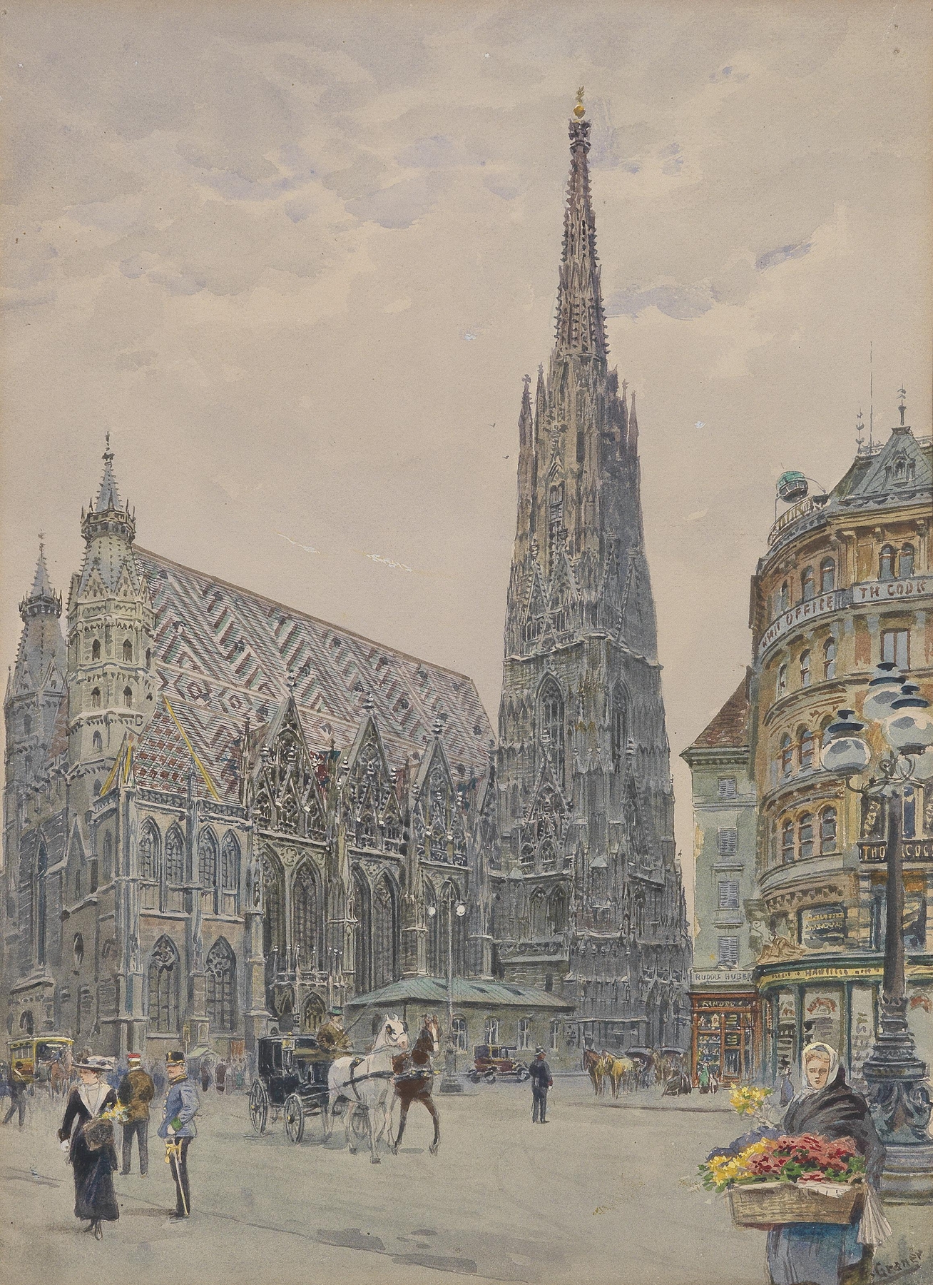 Oil on canvas by Ernst Graner depicting a cathedral under a luminous sky