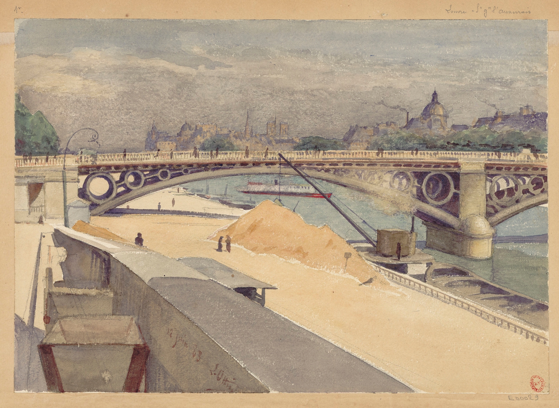 Oil painting by Léon-Auguste Ottin depicting the Seine at dawn with reflections and architecture.