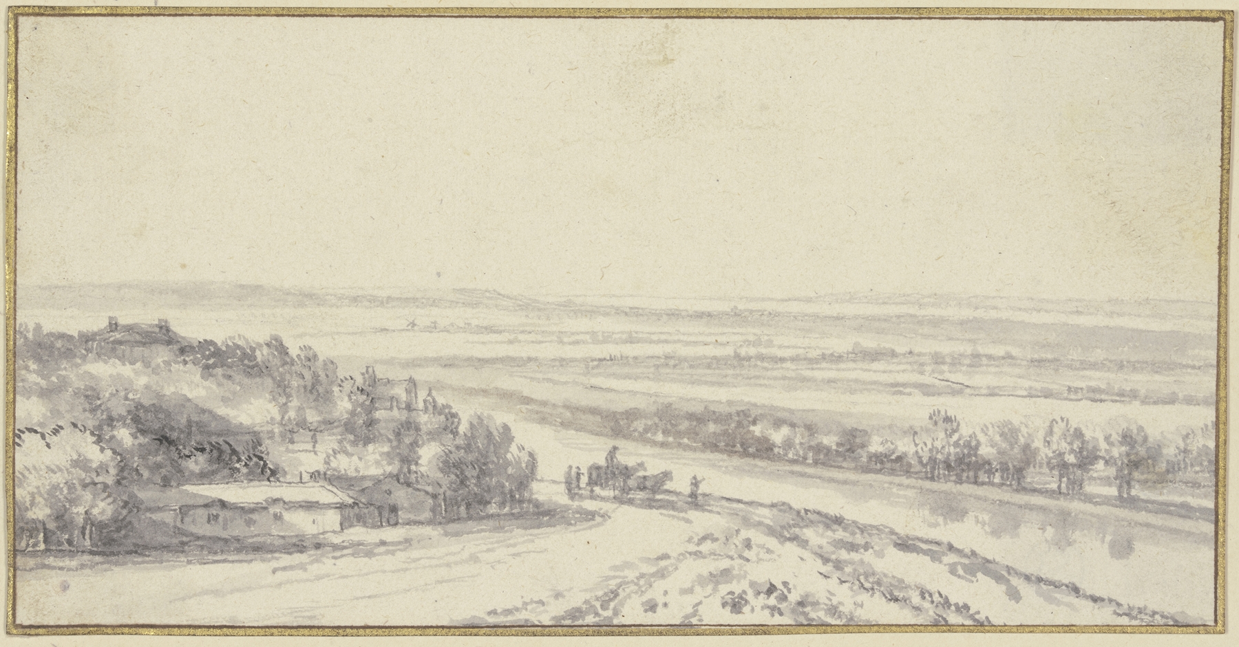 Landschaft mit einem Fluß, oil painting by Antonie Waterloo depicting a river and buildings under trees.