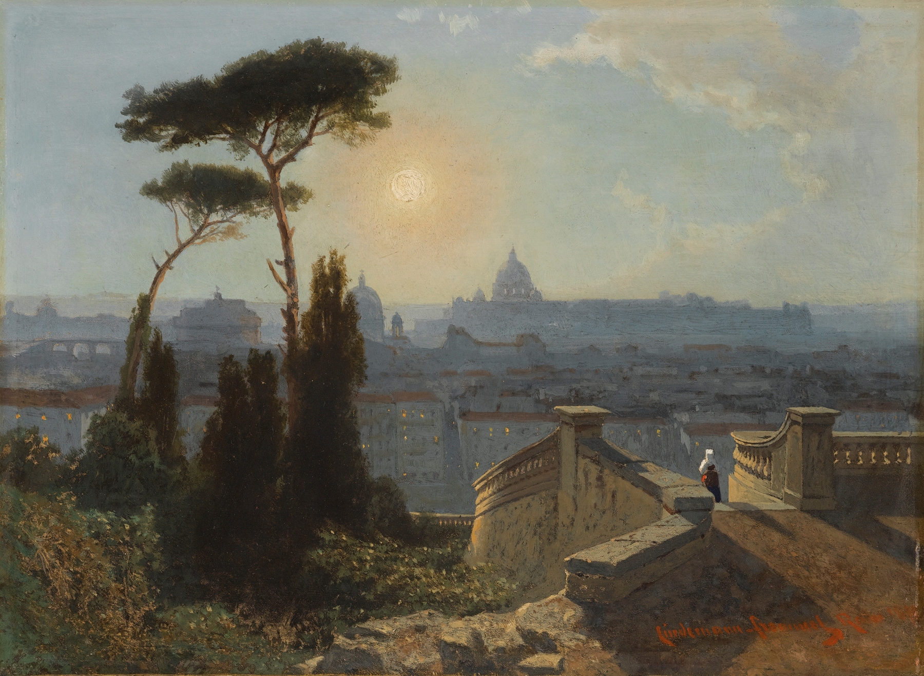 Landscape of Rome with trees and golden light by Karl Lindemann-Frommel, oil painting