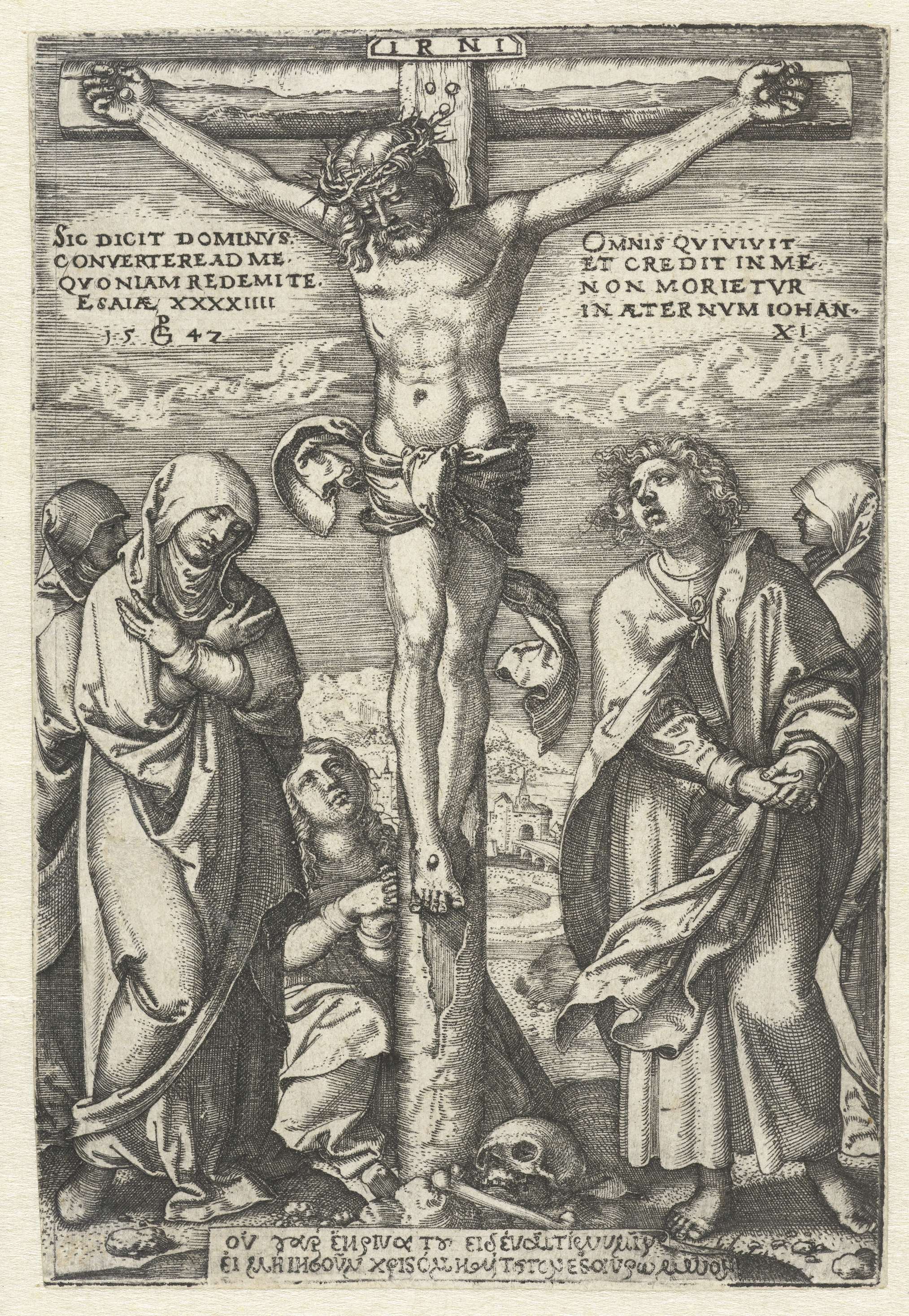 Engraving by Georg Pencz depicting Christ on the cross with Mary and John.