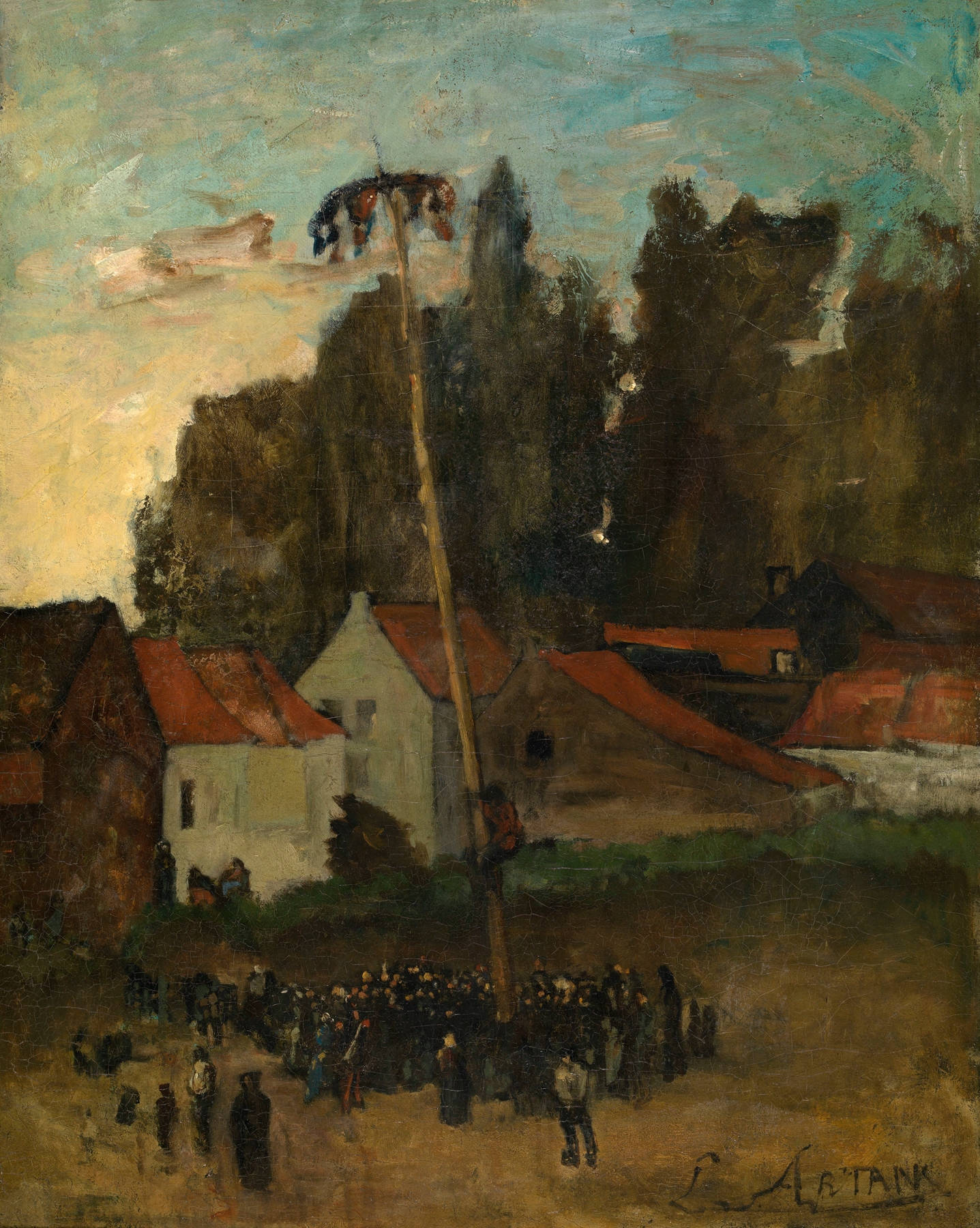 Climbing the Pole by Louis Artan, symbolism artwork depicting ascent and struggle, unknown medium.