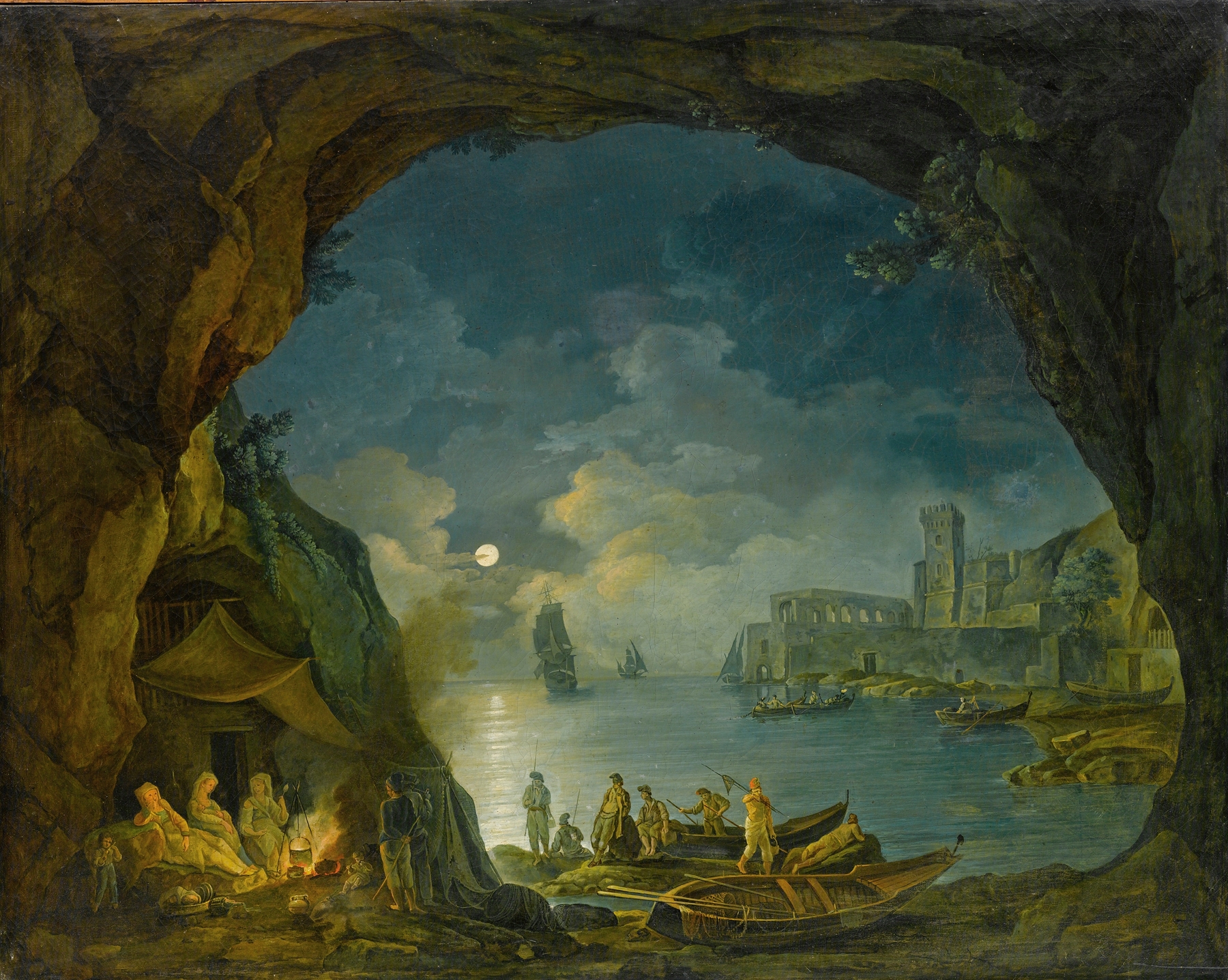Romanticism landscape by Joseph Rebell, depicting a cave with water under moonlight.