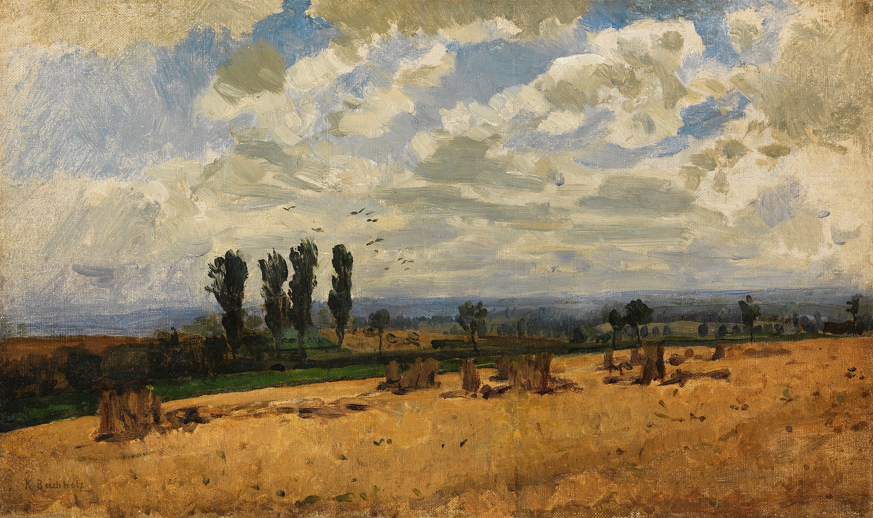 Landschaft by Karl Buchholz, oil on canvas depicting gentle hills and nature's stillness.