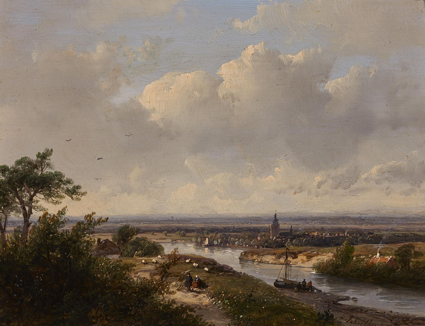 Flußlandschaft mit Dorf, by Andreas Schelfhout, public domain
