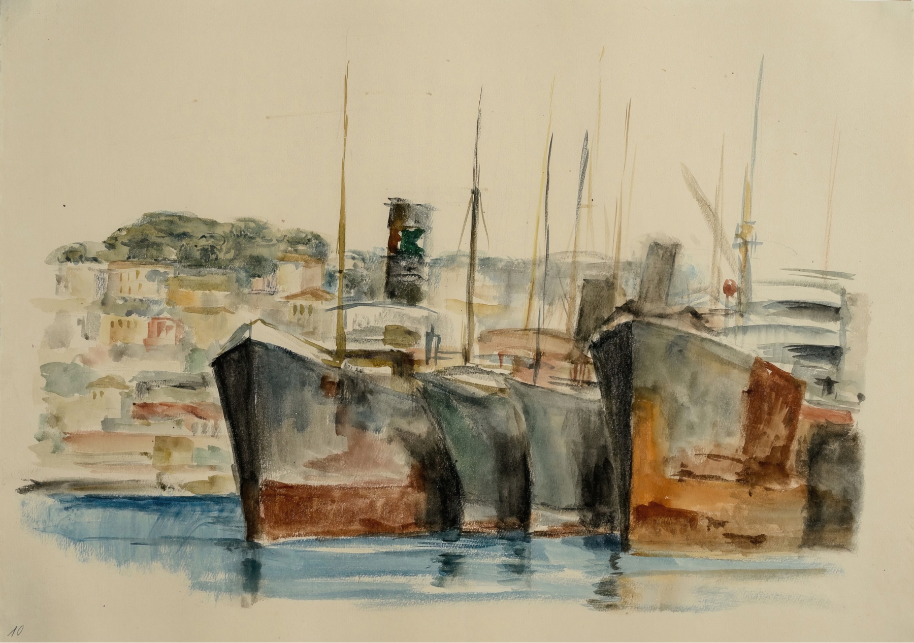 Tugboat in harbor, oil painting by Gottfried Graf