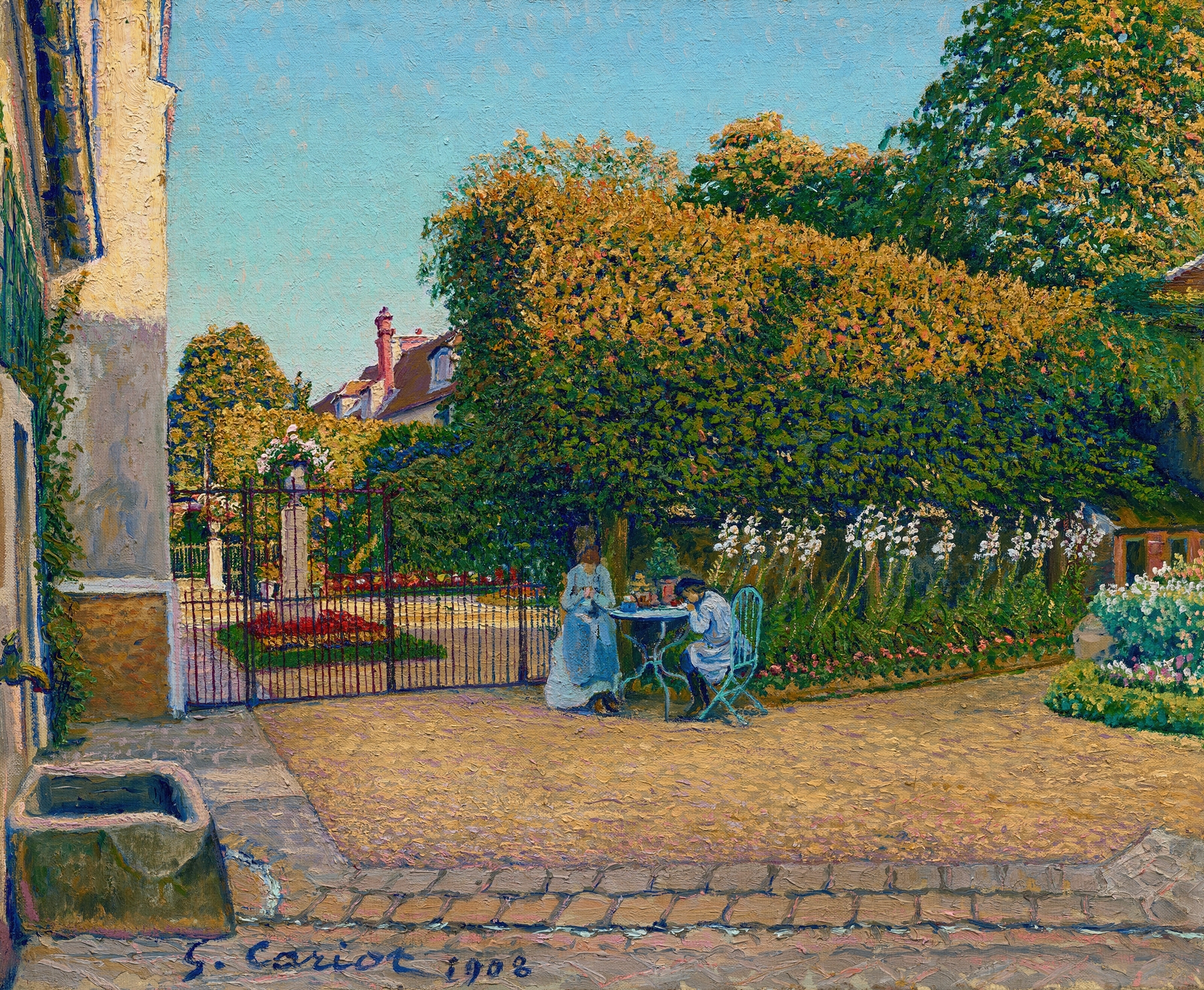 Le Jardin by Gustave Cariot, oil on canvas depicting a vibrant garden with flowers and dappled light.