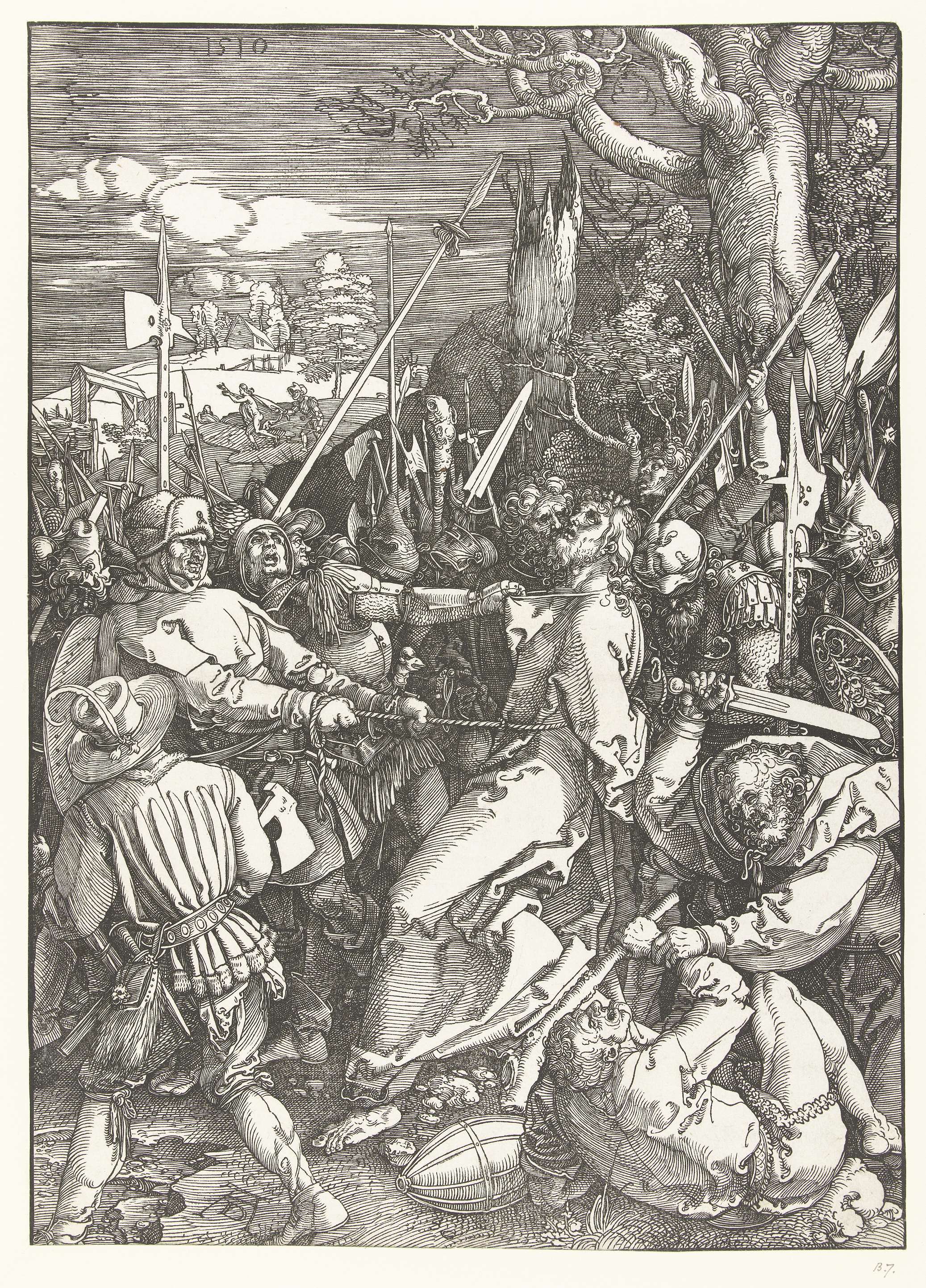 Gevangenneming by Albrecht Dürer, etching on paper depicting Christ with his captors