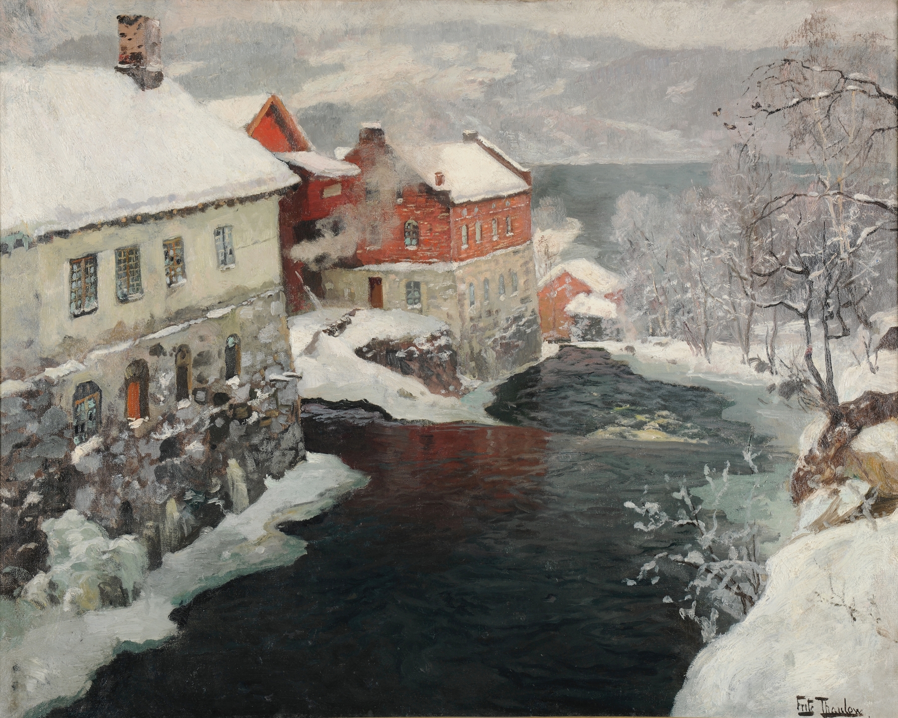 Landscape with two mills by Frits Thaulow, oil painting