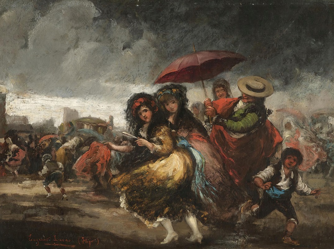 This painting depicts a bullfight interrupted by rain, showcasing dramatic expressions and vibrant colors.