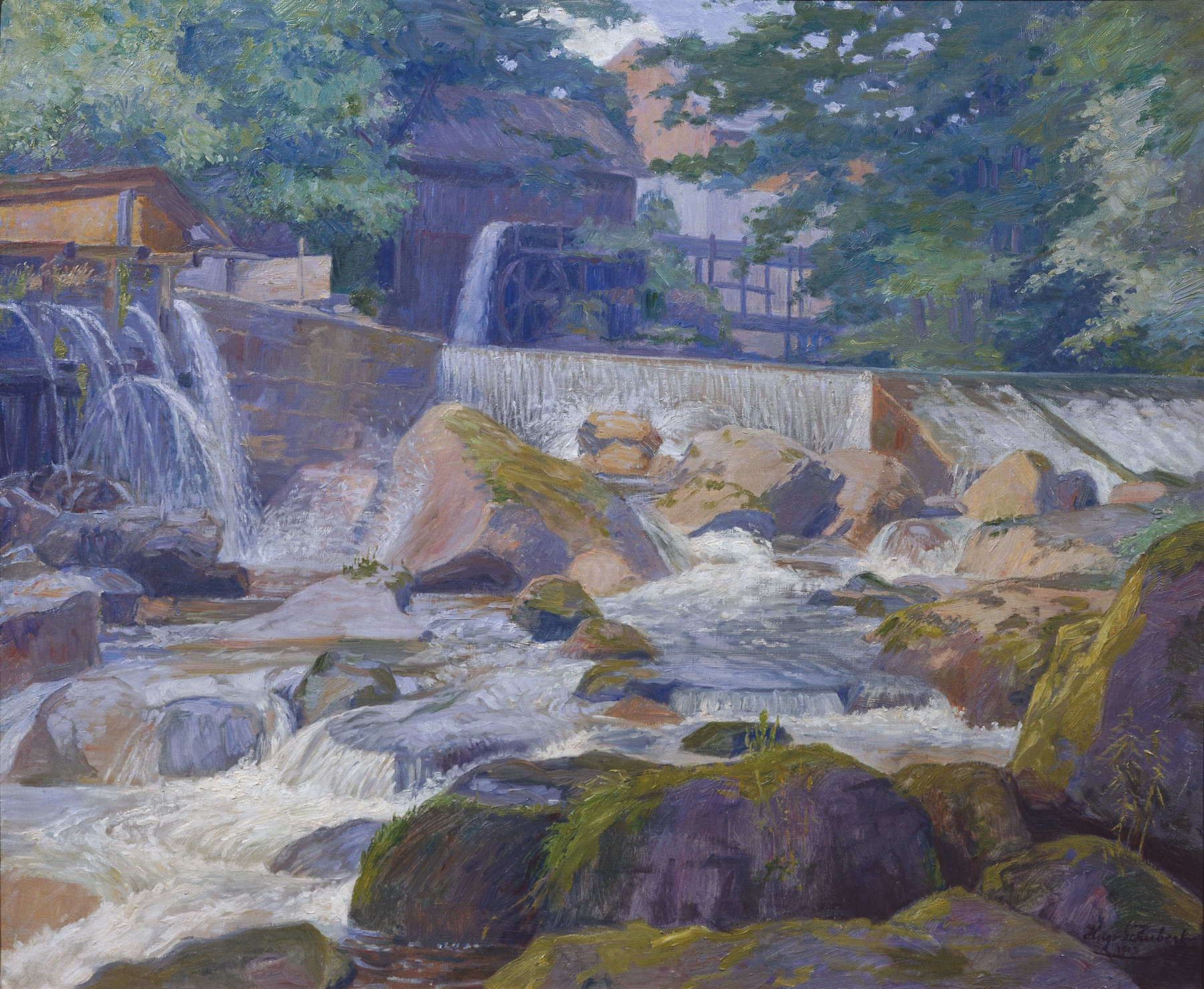 Landscape depicting a river and mill by Hugo Schubert, oil painting