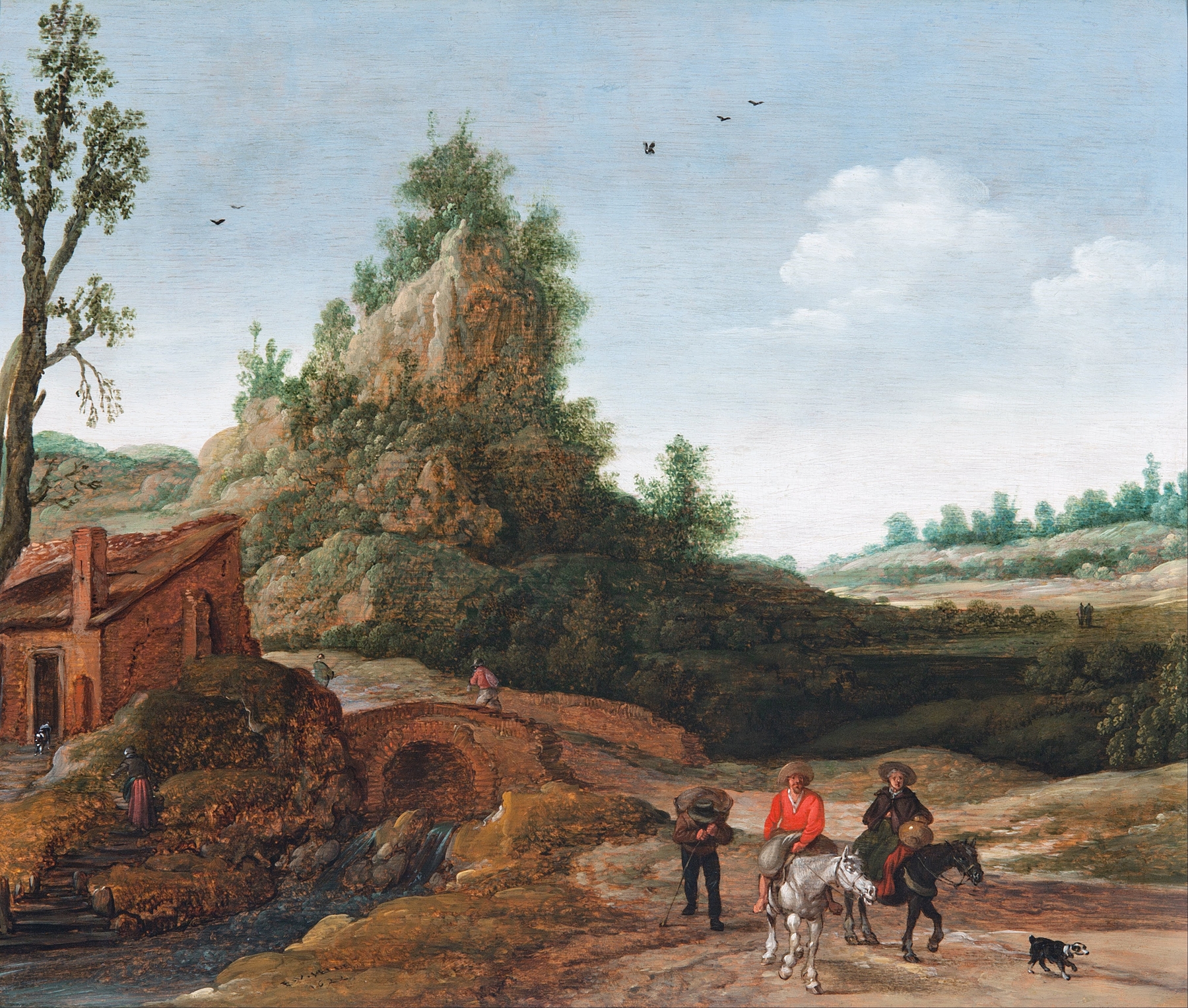 A landscape with travellers crossing a bridge, oil on canvas by Esaias van de Velde
