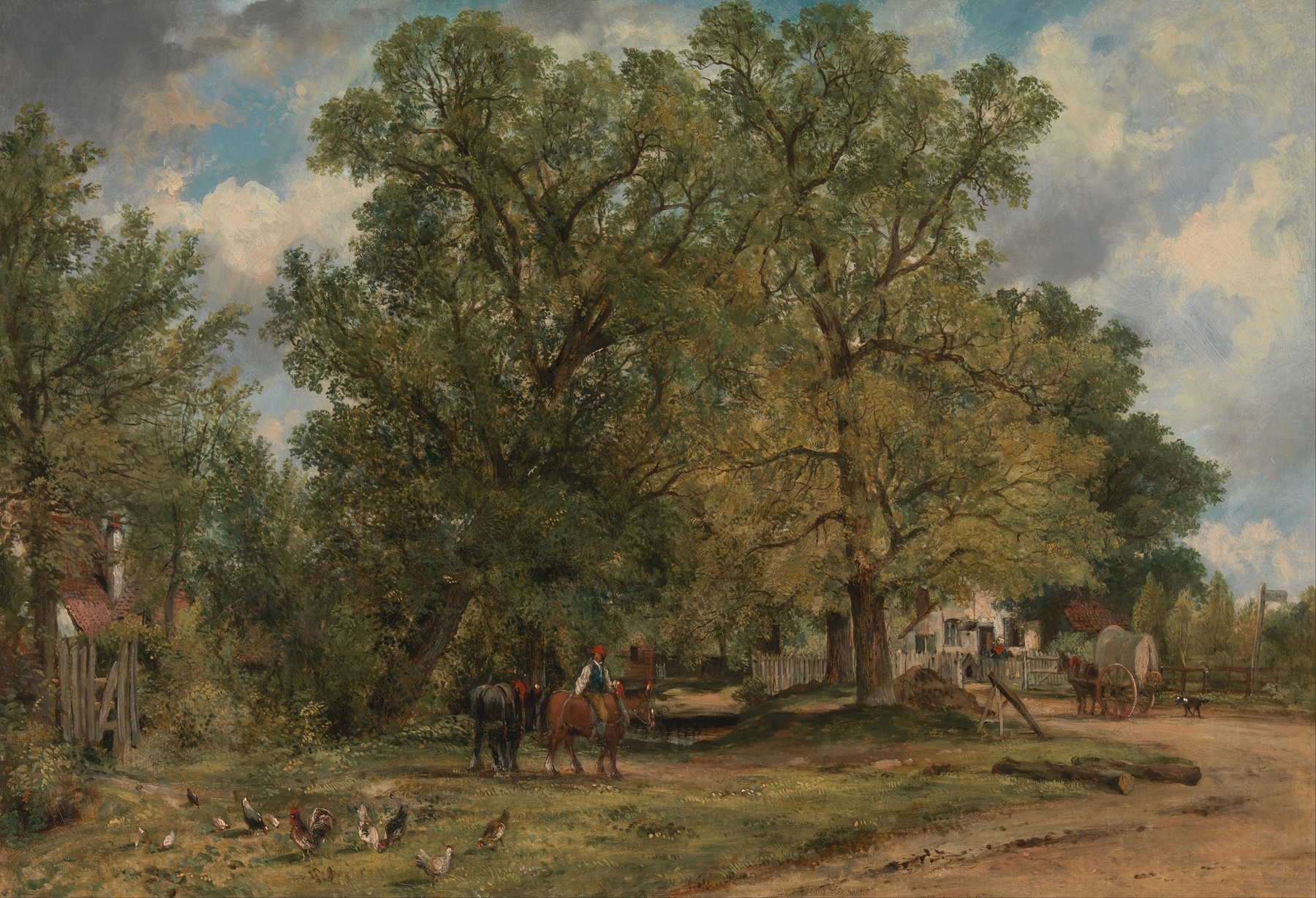 Landscape with Cottages by Frederick Waters Watts, oil painting depicting cottages, rolling hills, and a cerulean sky.