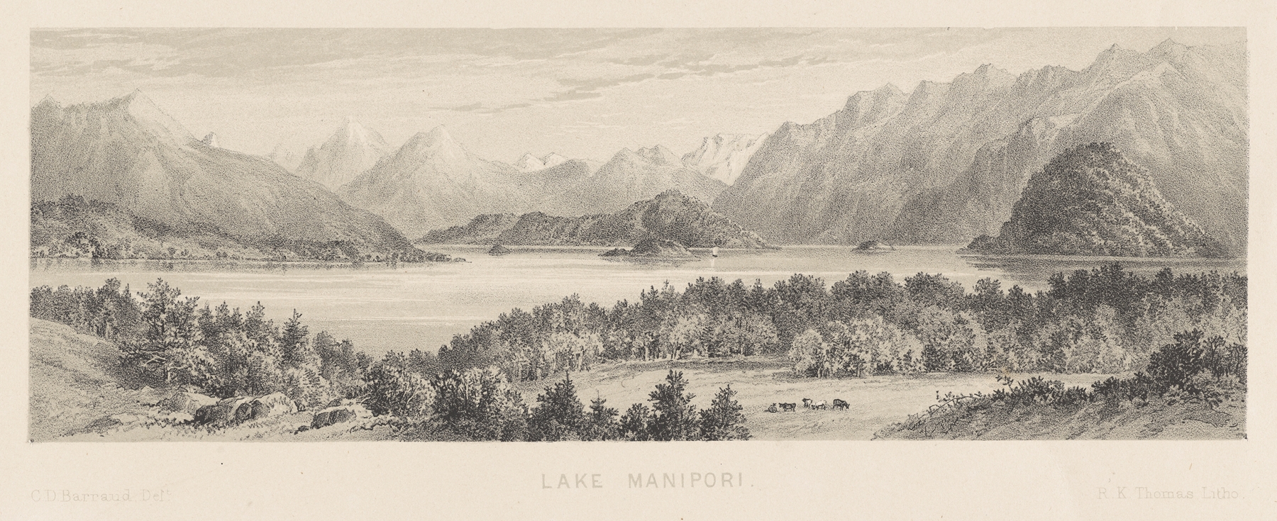 Engraving of Lake Manapouri by Charles Decimus Barraud