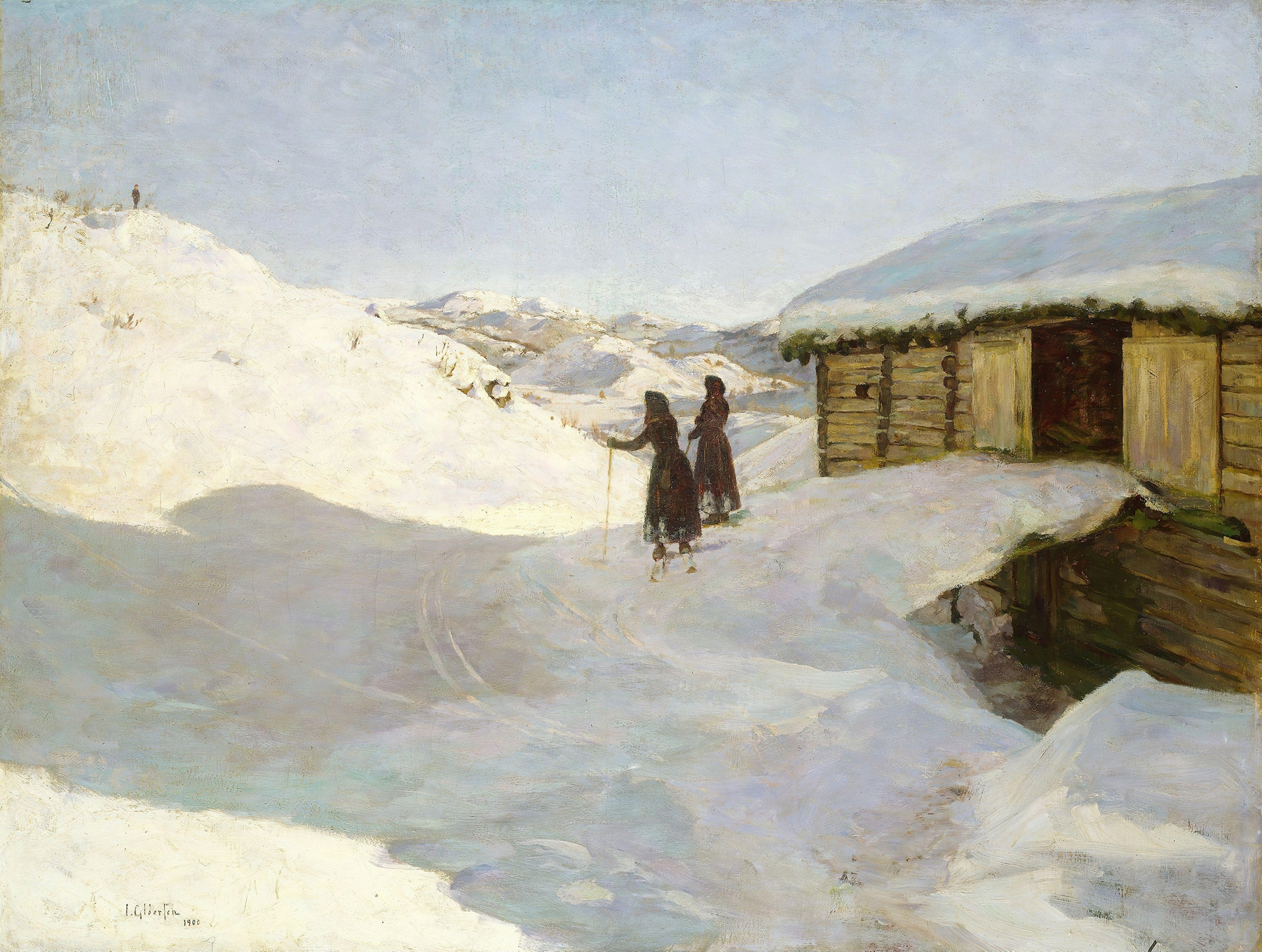 Winter landscape with a winding path in snow by Jacob Gløersen, oil painting