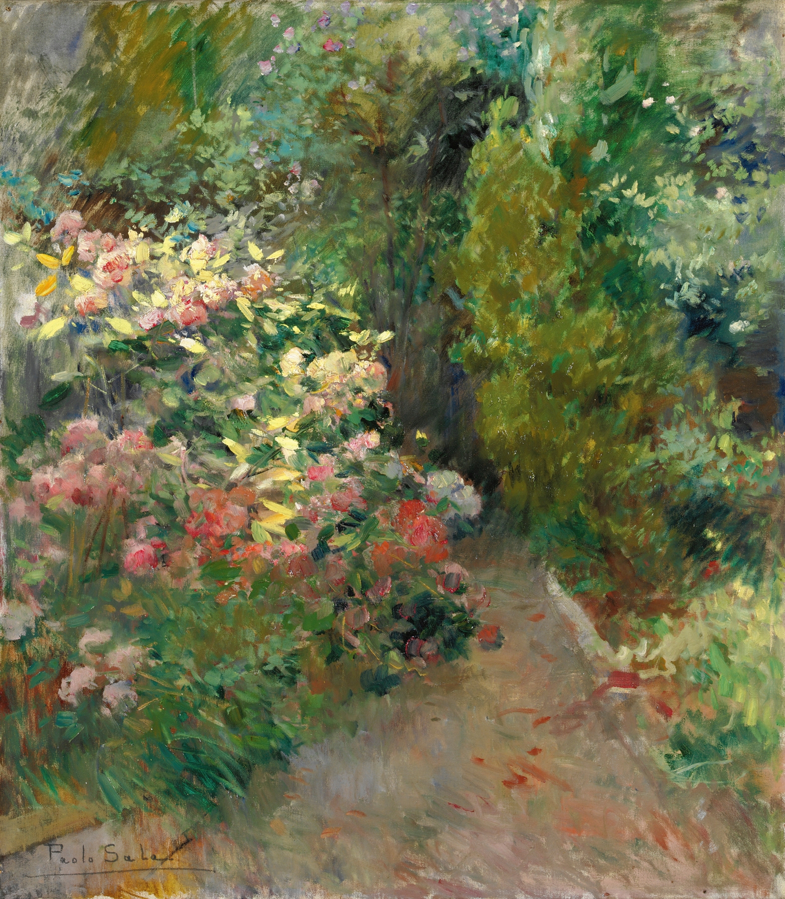 Botanical scene featuring flowers in a garden by Paolo Sala, oil painting