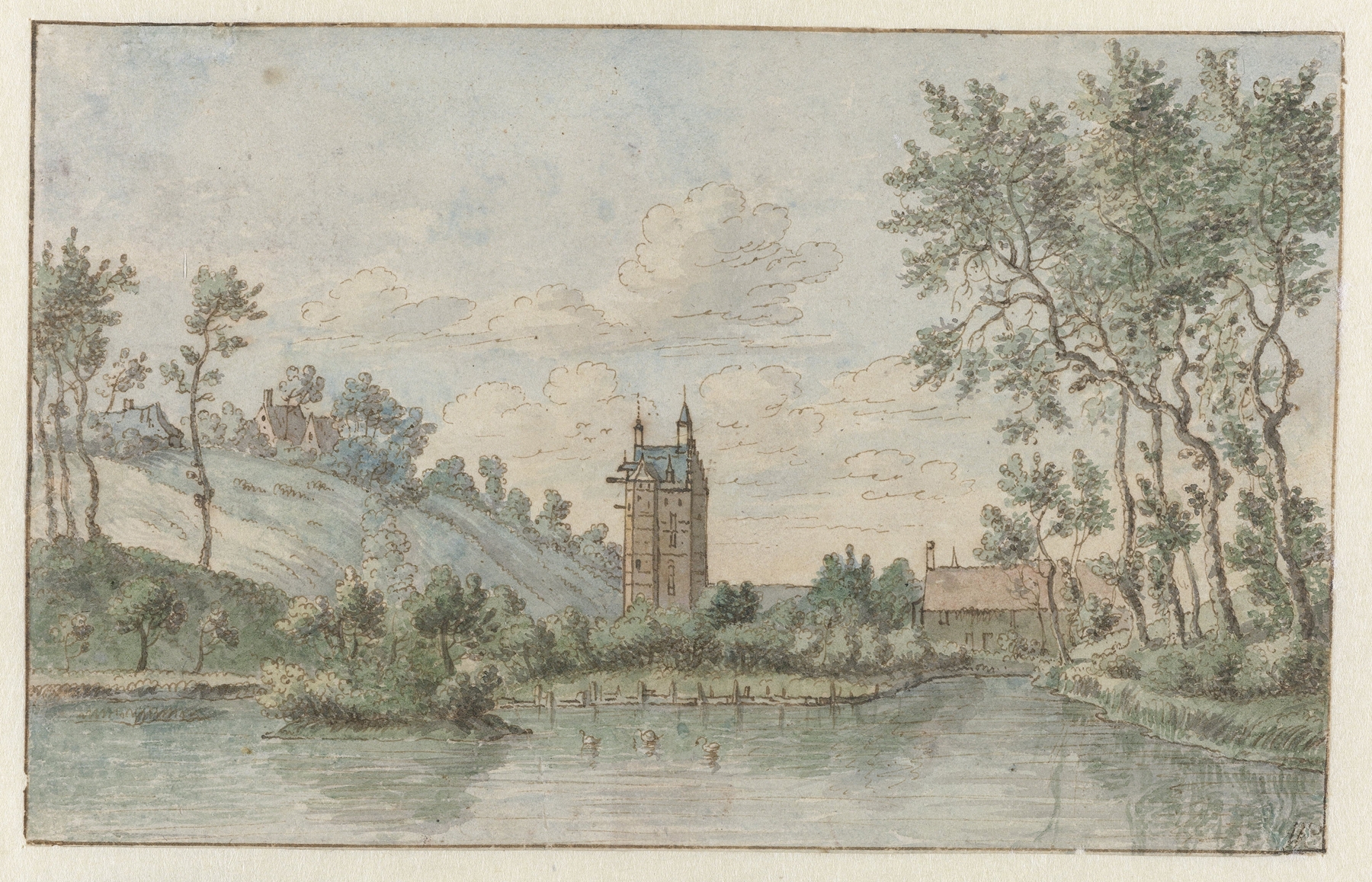 Landscape with Huis Kluys, near Brussels by Josua de Grave, oil on canvas showing lush greenery and a tranquil sky.