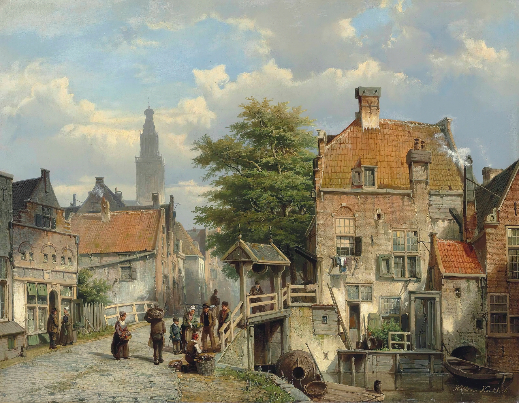 Figures on a bridge by a Dutch canal, by Willem Koekkoek, public domain