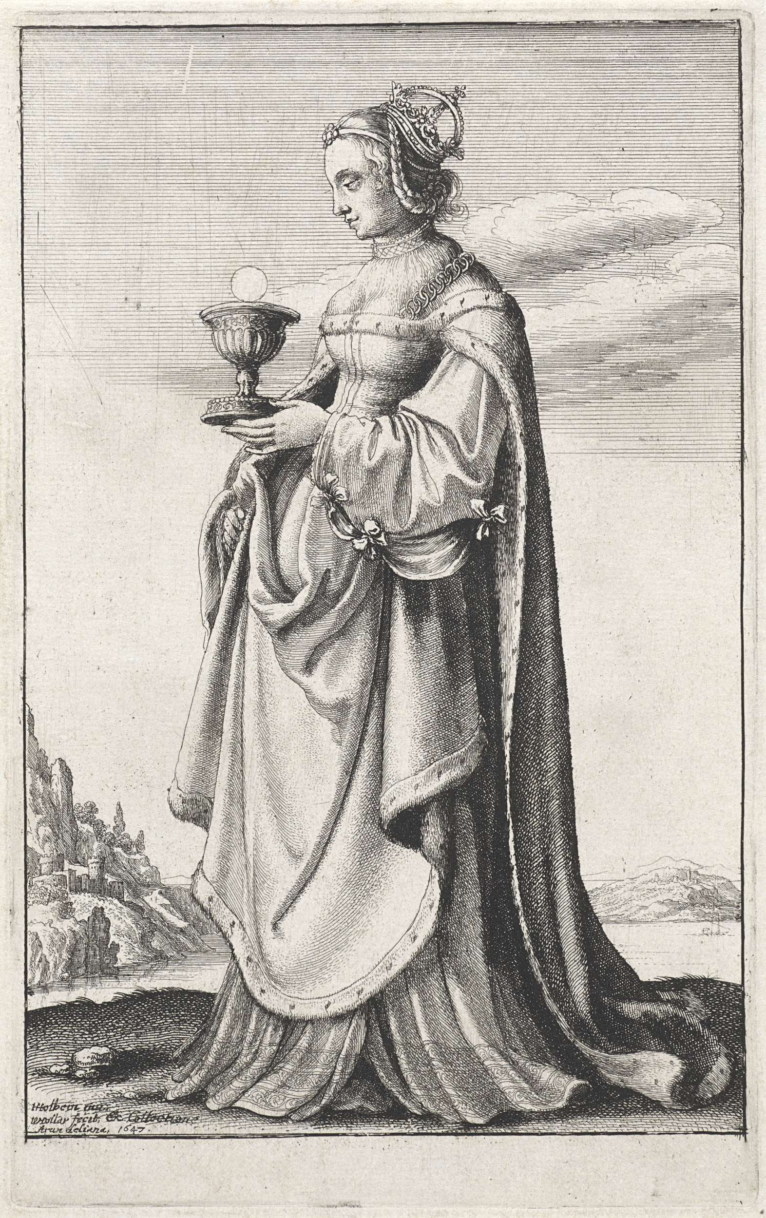 Portrait of a female figure in etching by Wenceslaus Hollar