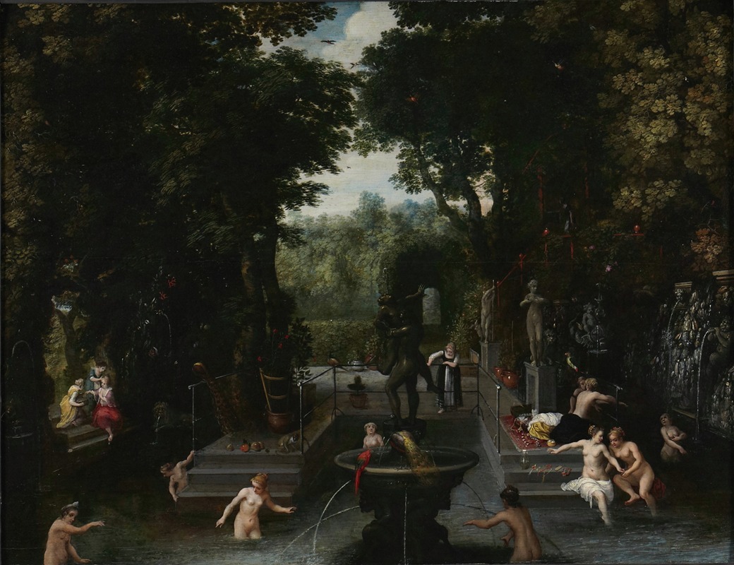 Sebastian Vrancx's 'Bathers' depicts a lively scene of figures enjoying a day by the water.