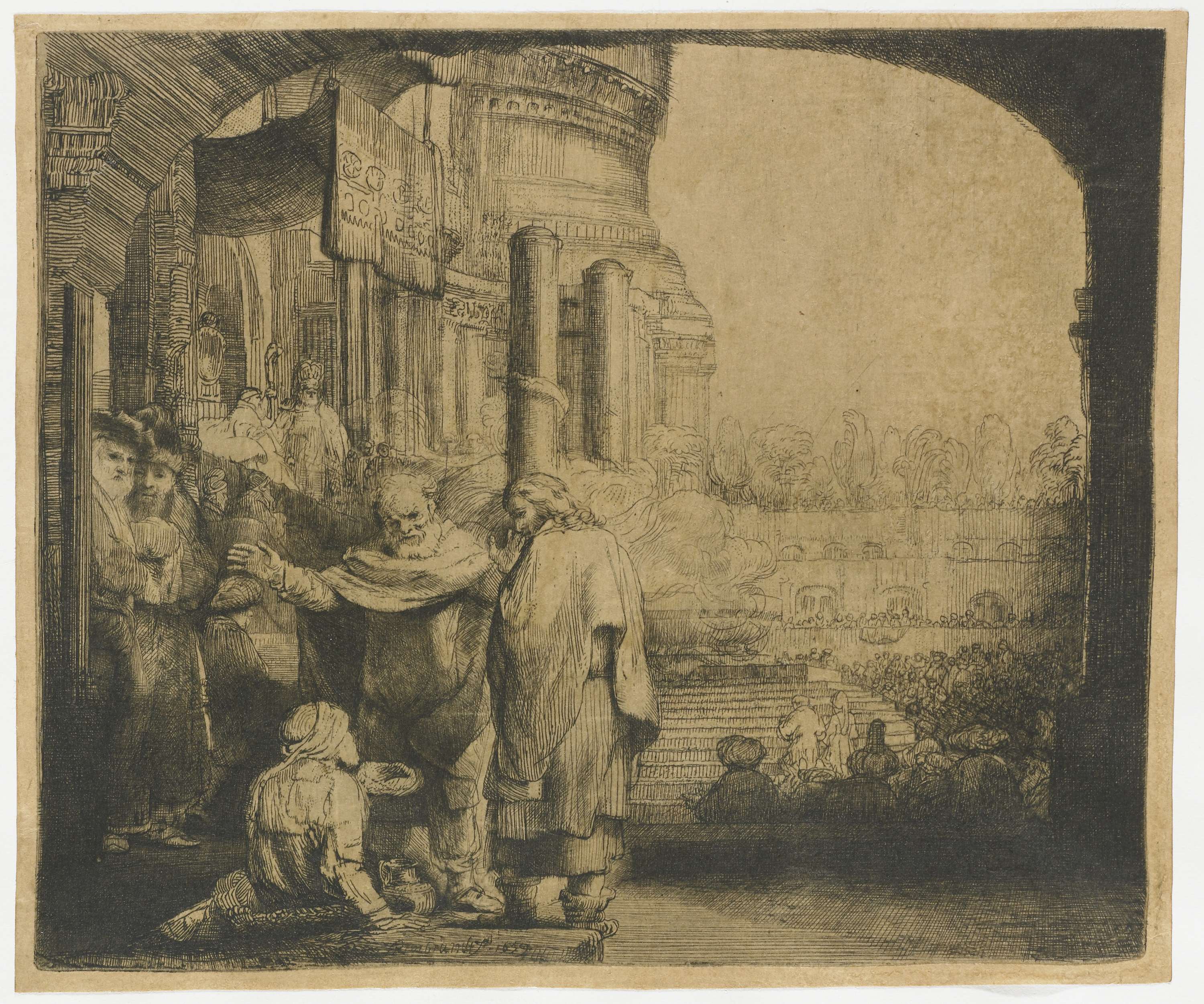 Etching by Rembrandt van Rijn depicting Peter and John healing a lame man at the temple gate