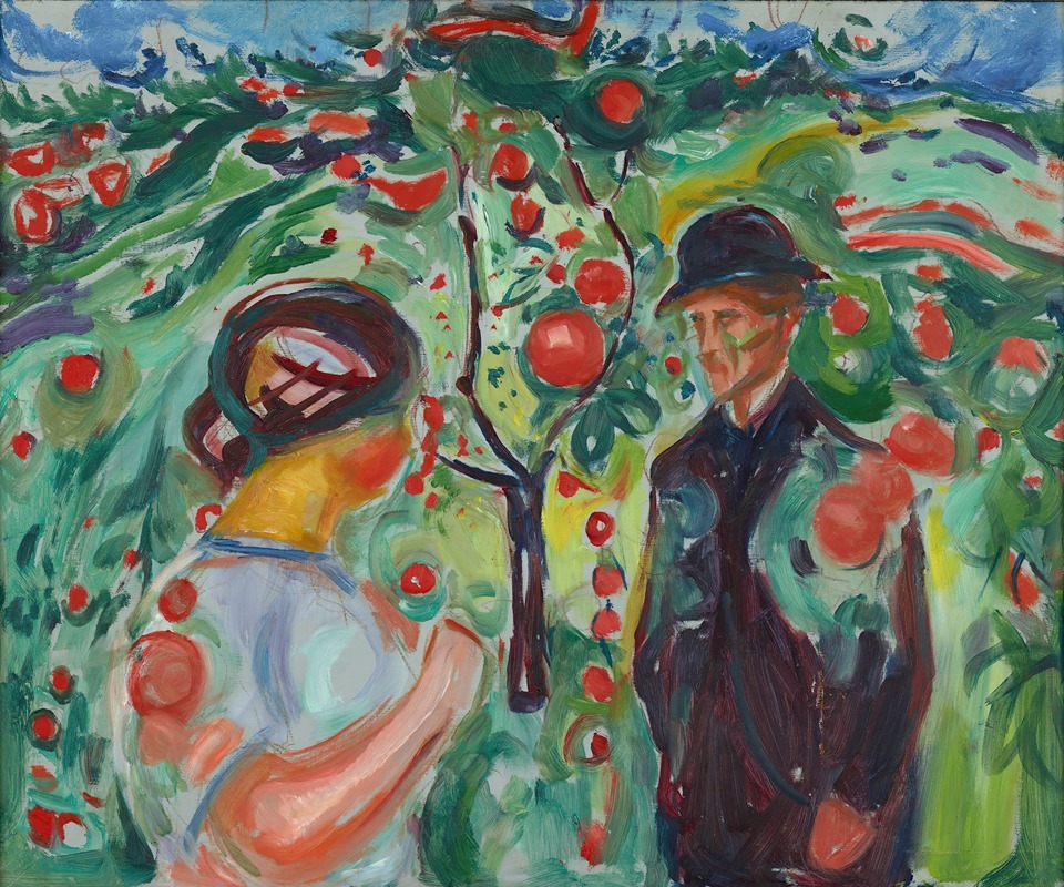 A still life painting featuring red apples on a dark surface.
